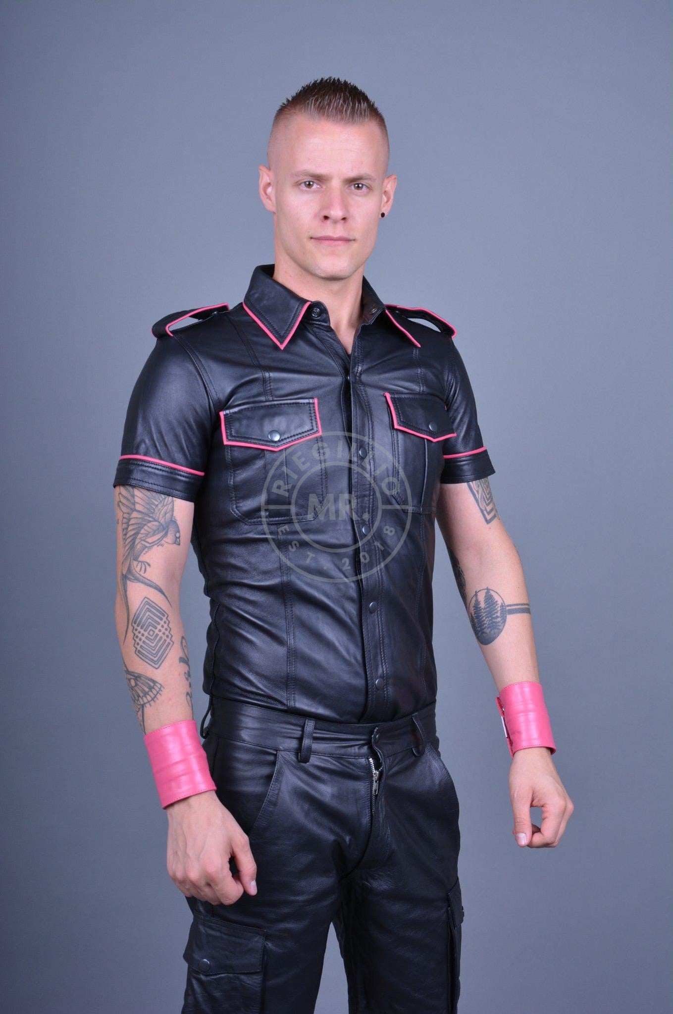 Black Leather Shirt - Pink Piping at MR. Riegillio