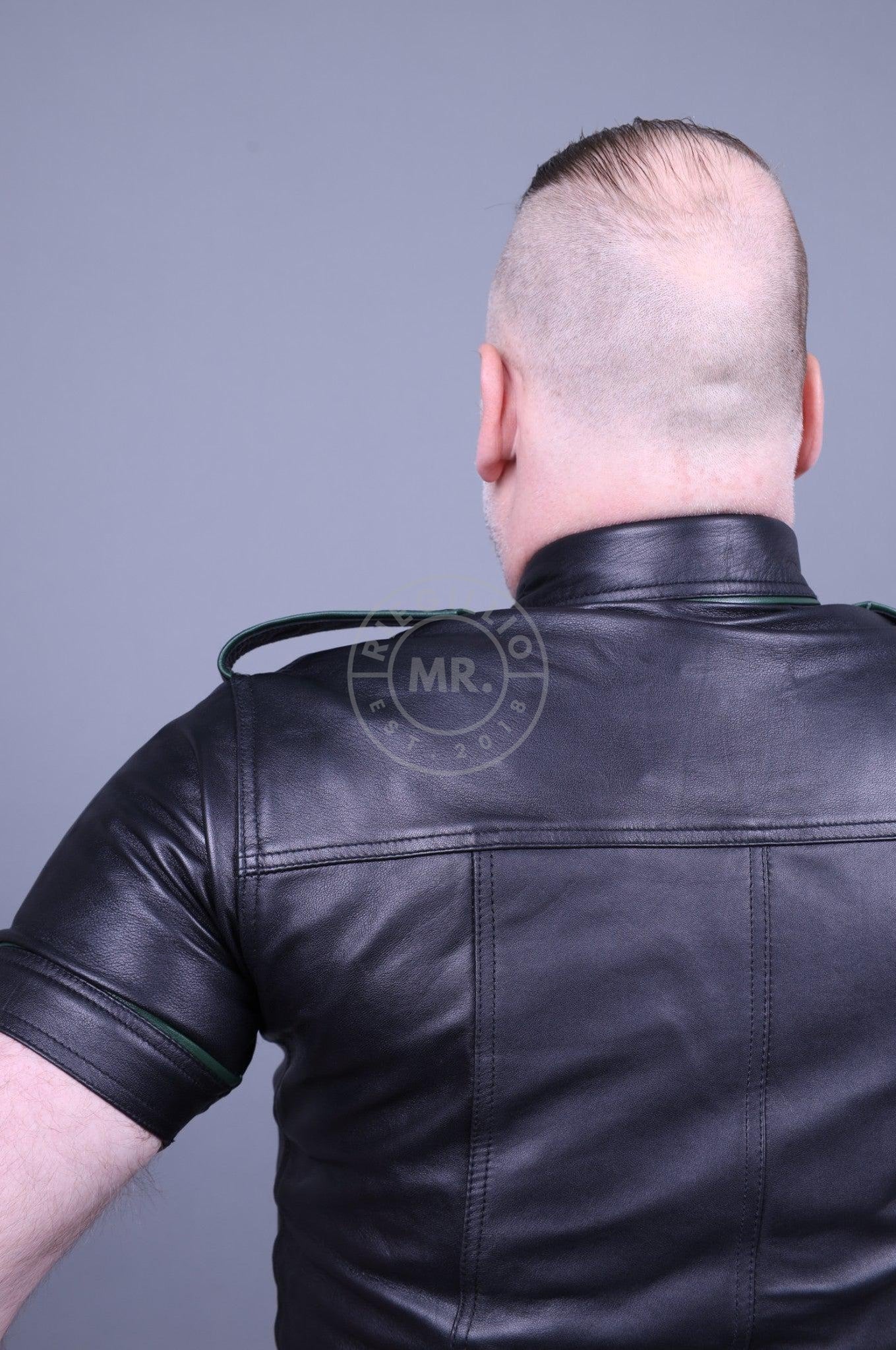 Black Leather Shirt - Dark Green Piping at MR. Riegillio