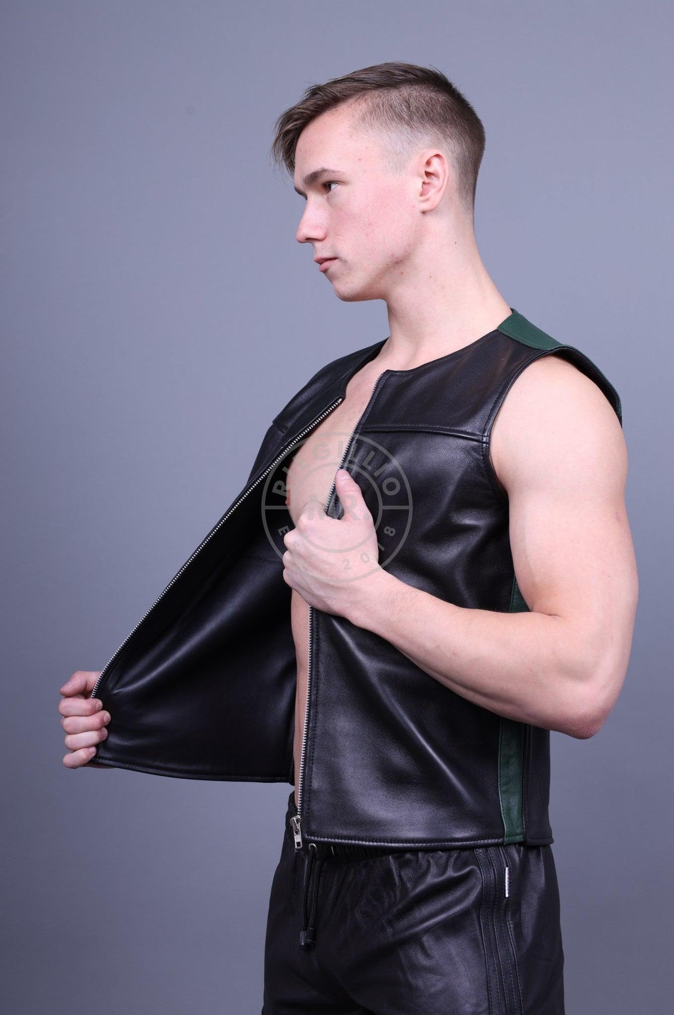 Leather Zipper Vest - Dark Green Panels-at MR. Riegillio