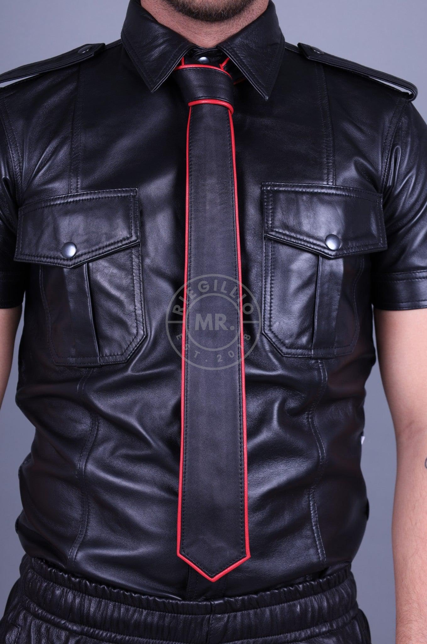 Black Leather Tie - RED Piping at MR. Riegillio