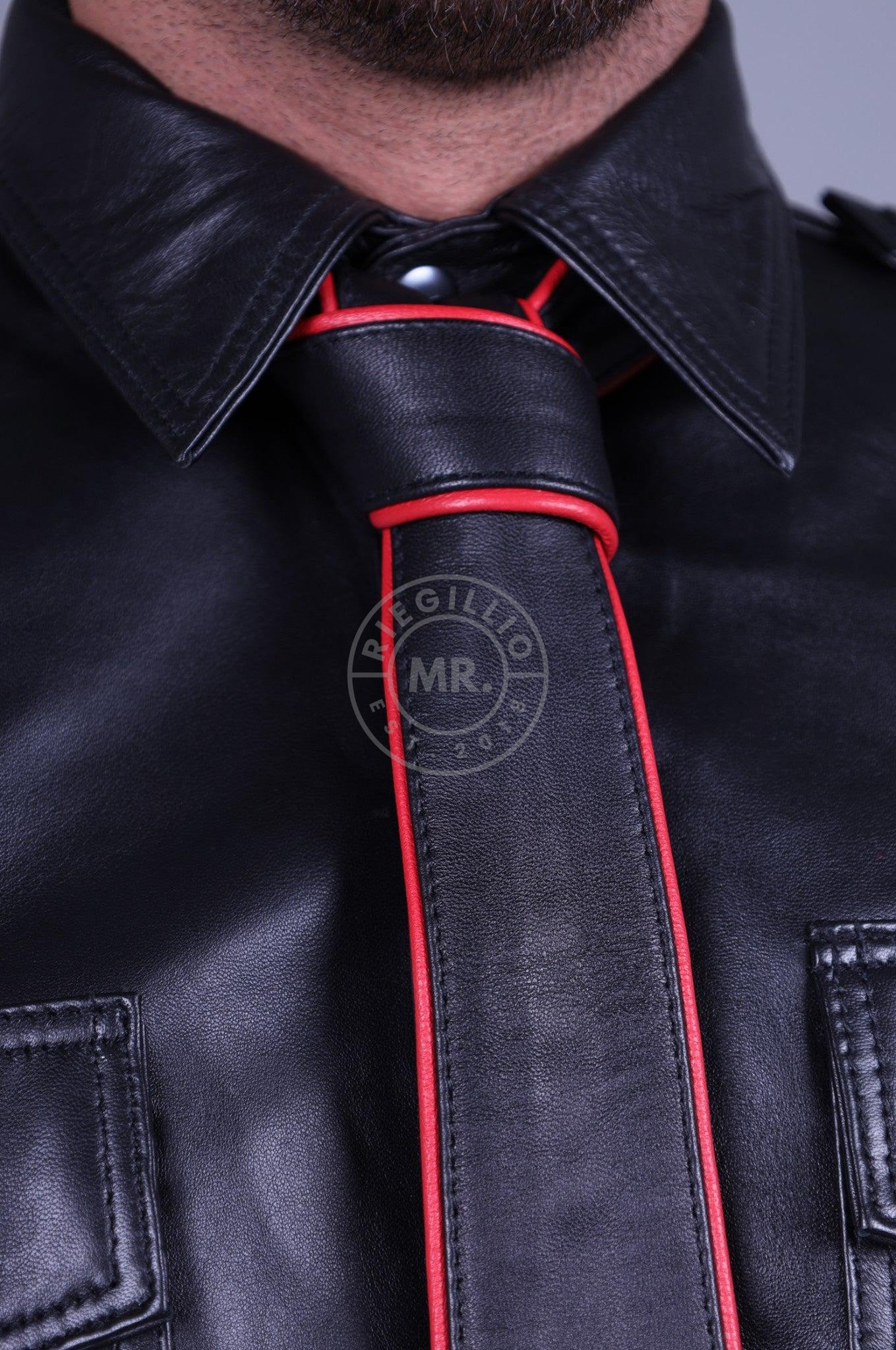 Black Leather Tie - RED Piping-at MR. Riegillio