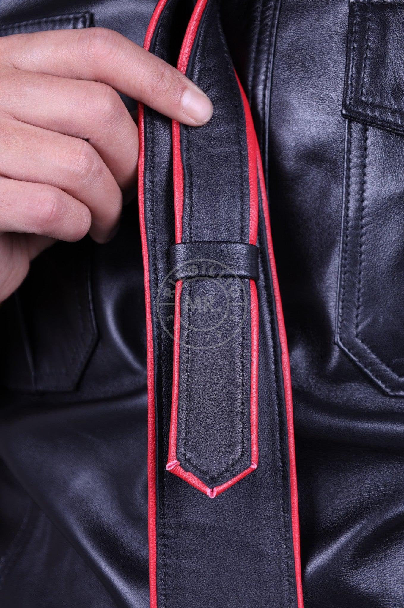 Black Leather Tie - RED Piping at MR. Riegillio