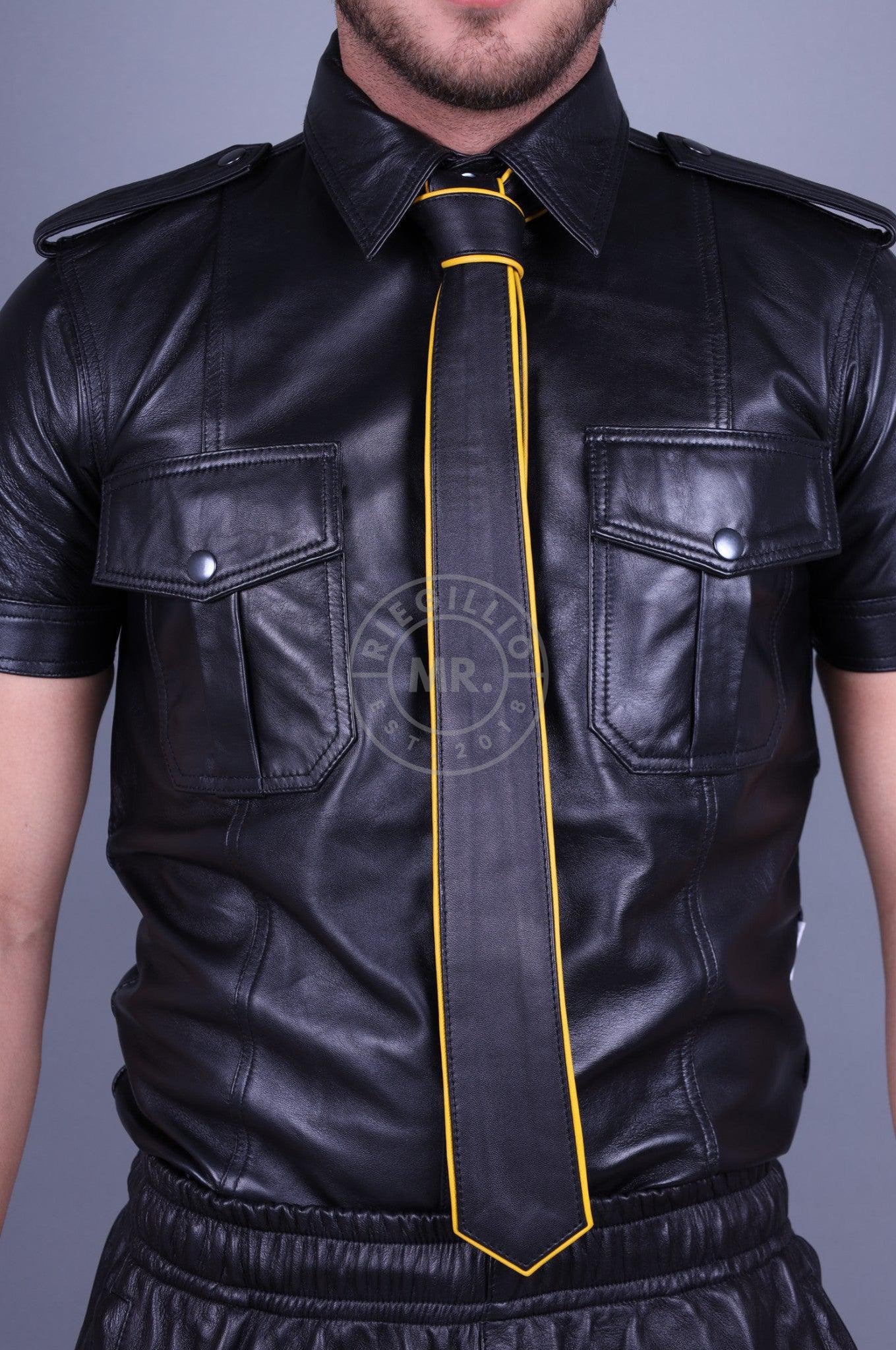 Black Leather Tie - YELLOW Piping-at MR. Riegillio