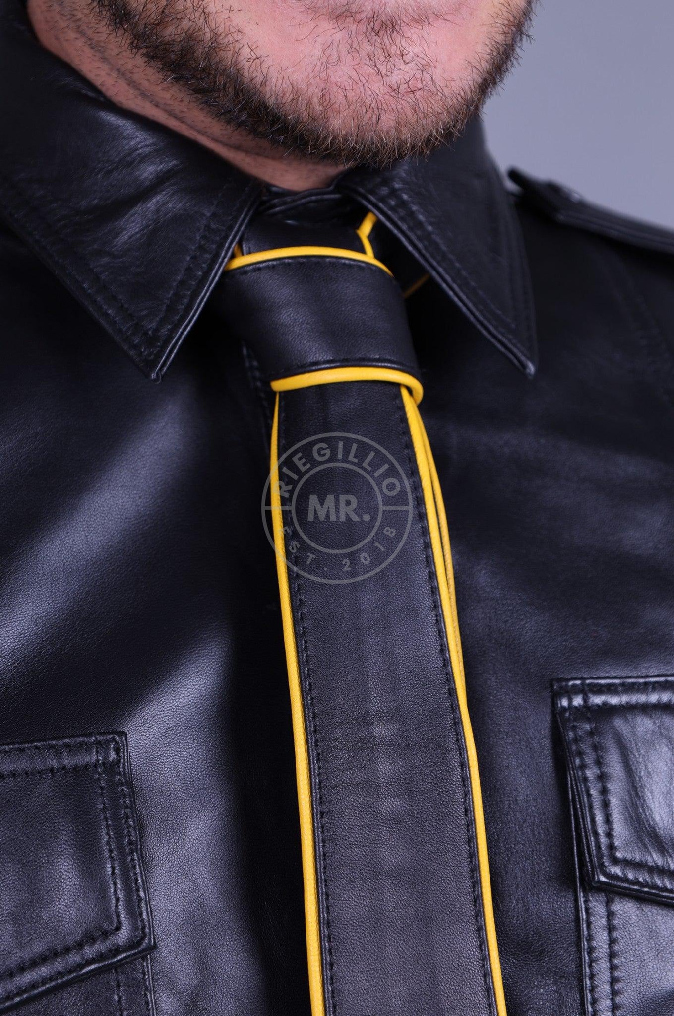 Black Leather Tie - YELLOW Piping-at MR. Riegillio