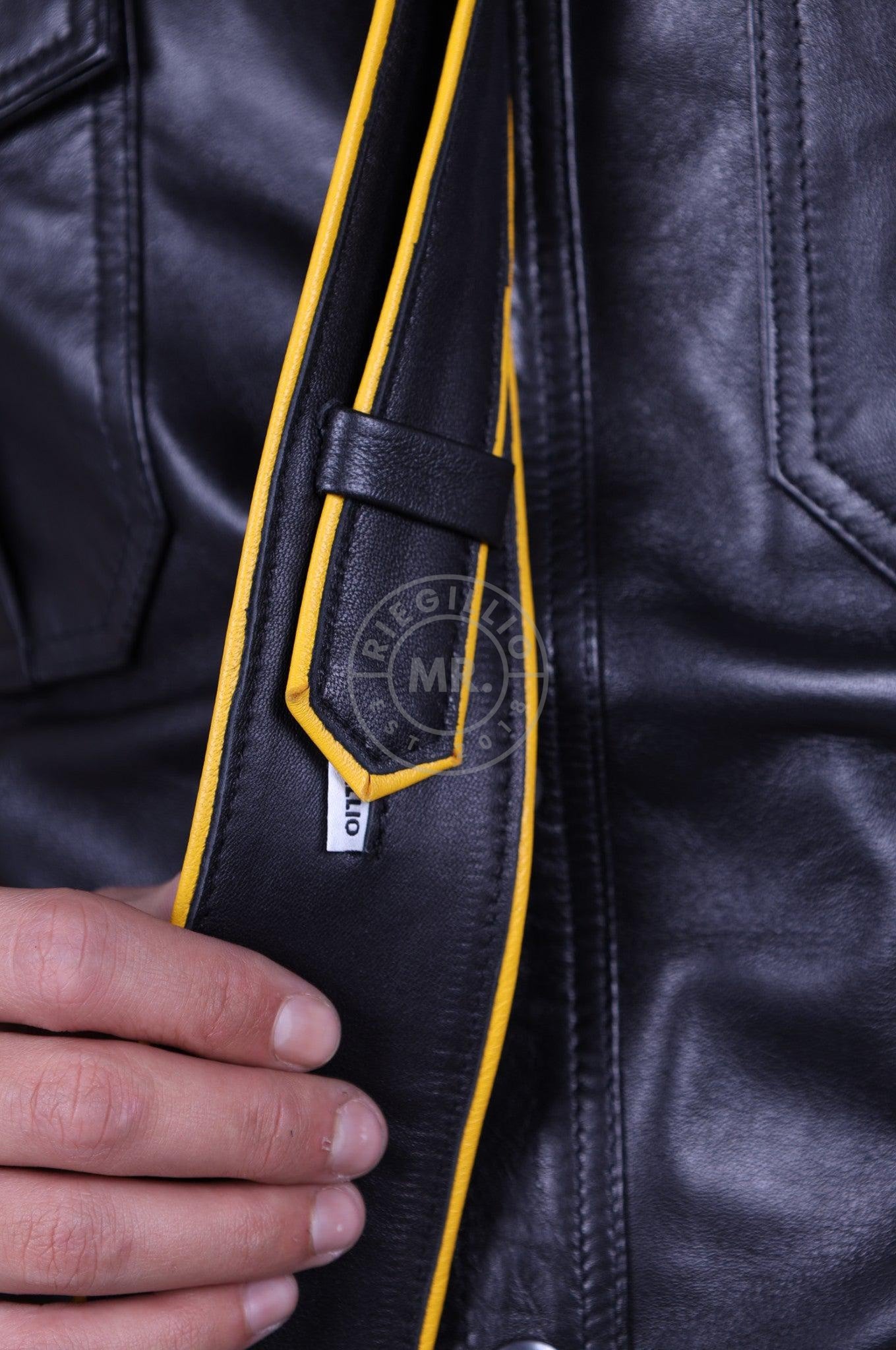 Black Leather Tie - YELLOW Piping at MR. Riegillio