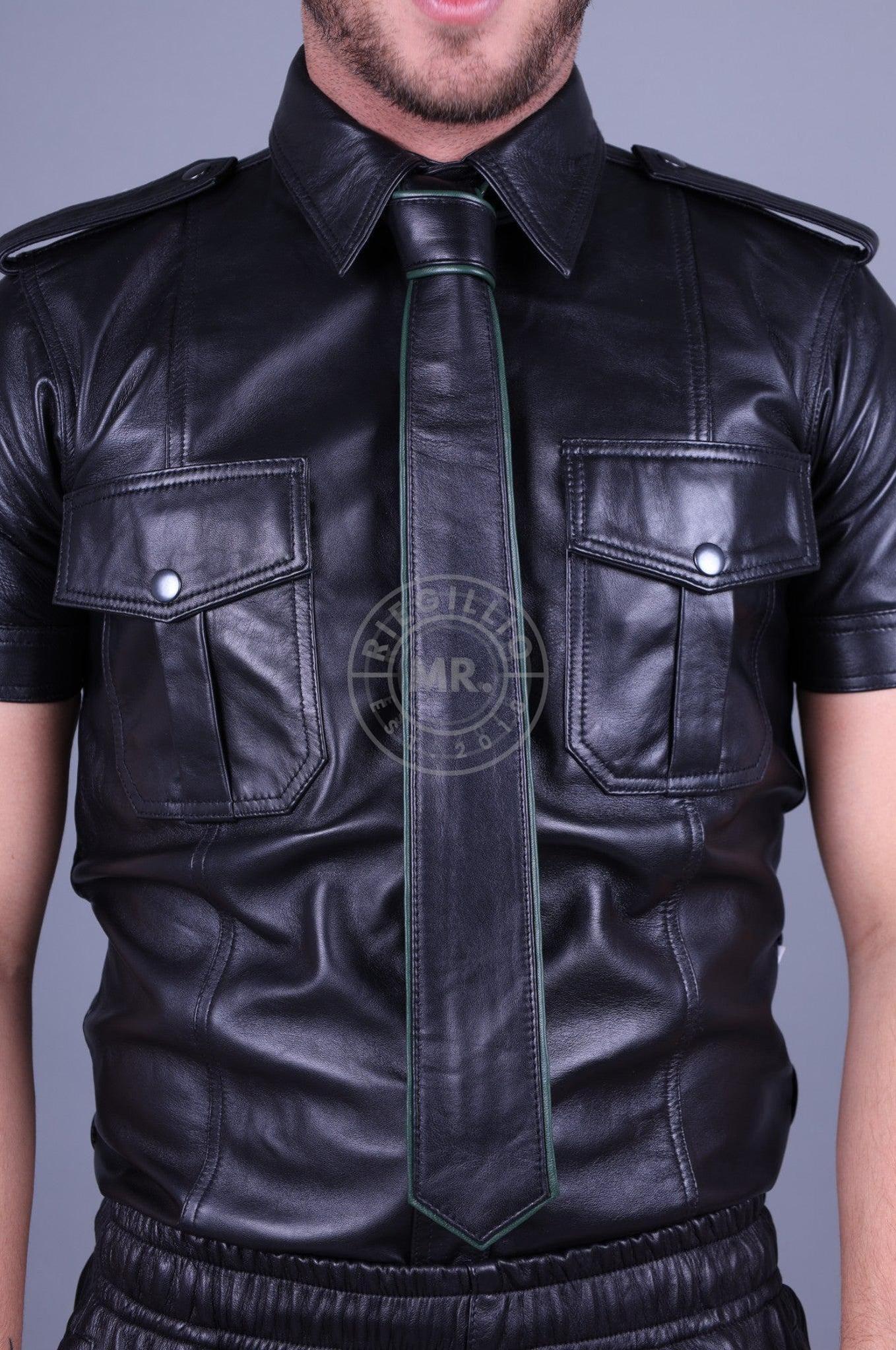 Black Leather Tie - DARK GREEN Piping at MR. Riegillio