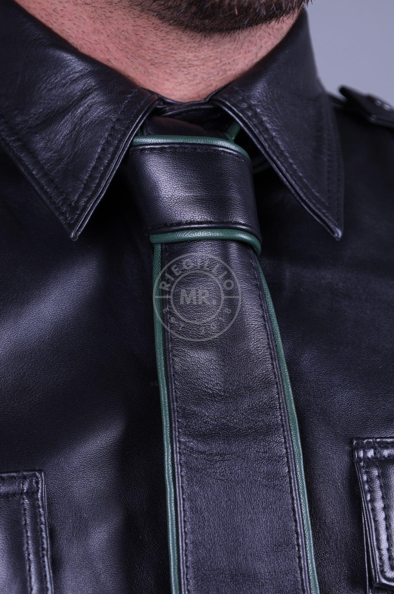 Black Leather Tie - DARK GREEN Piping-at MR. Riegillio