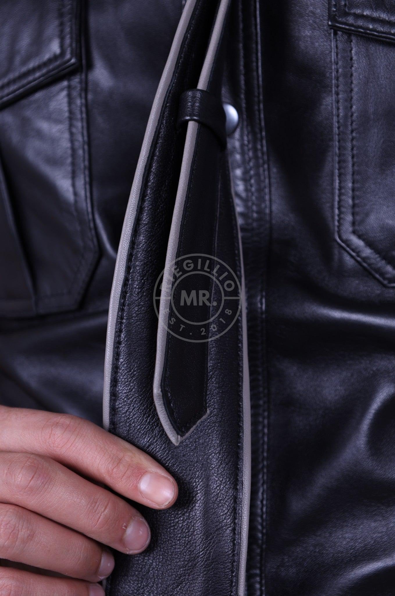 Black Leather Tie - GREY Piping at MR. Riegillio