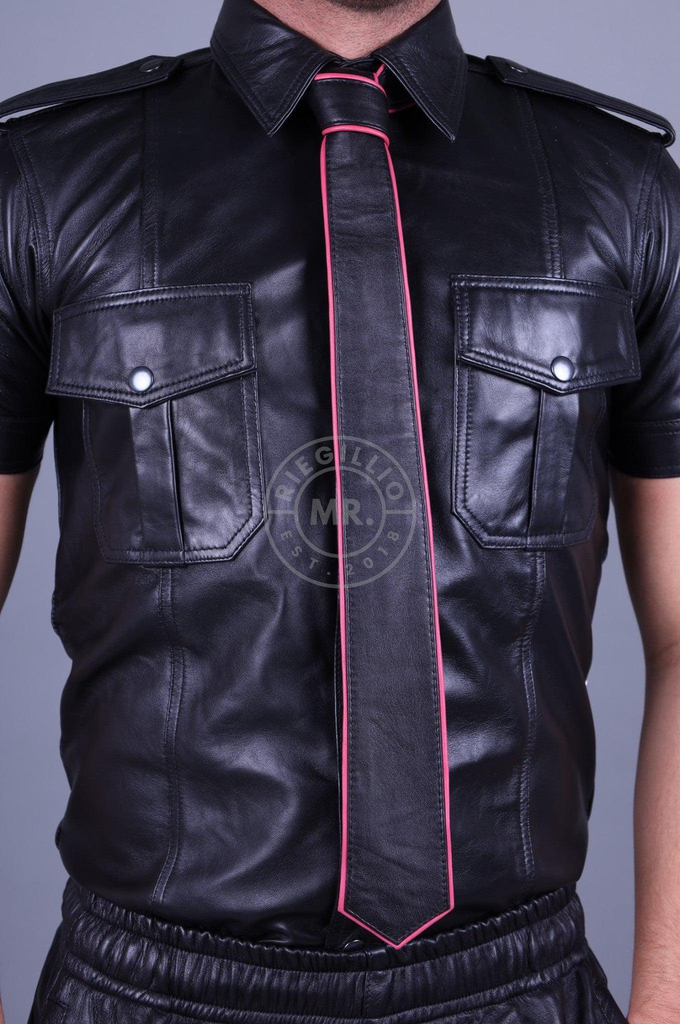 Black Leather Tie - PINK Piping at MR. Riegillio