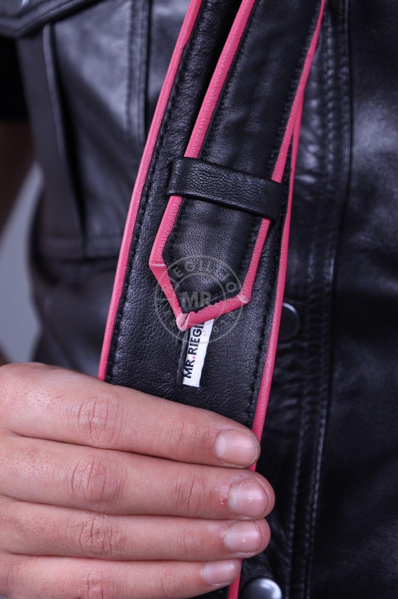 Black Leather Tie - PINK Piping at MR. Riegillio