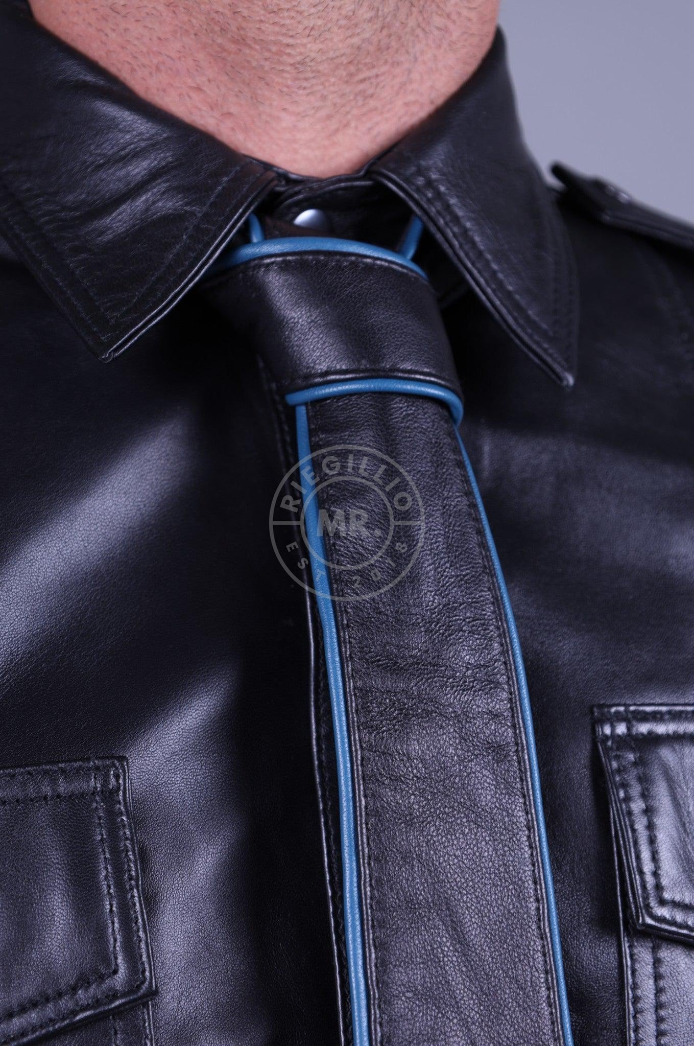 Black Leather Tie - JEANS BLUE Piping at MR. Riegillio