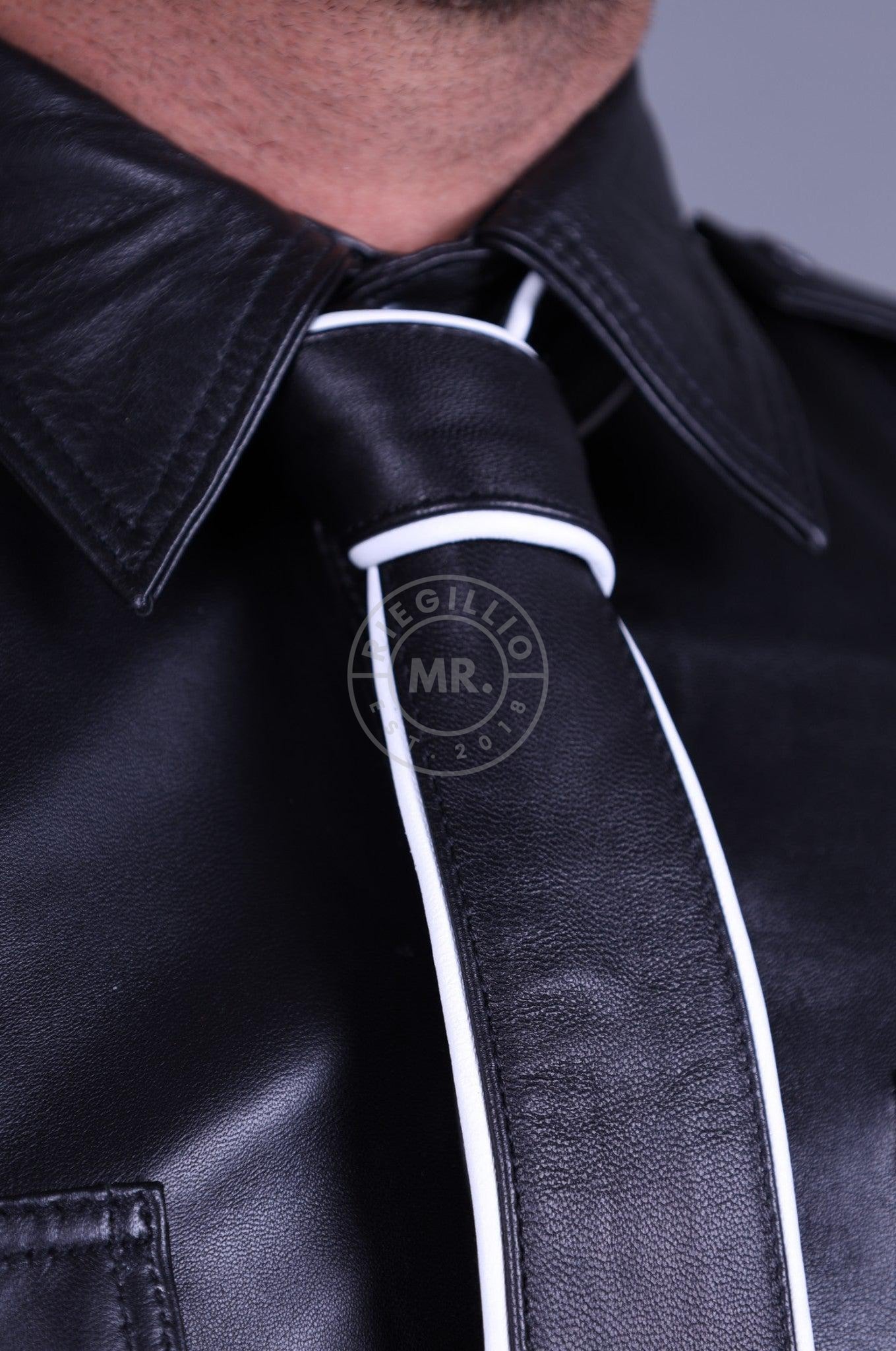 Black Leather Tie - WHITE Piping-at MR. Riegillio