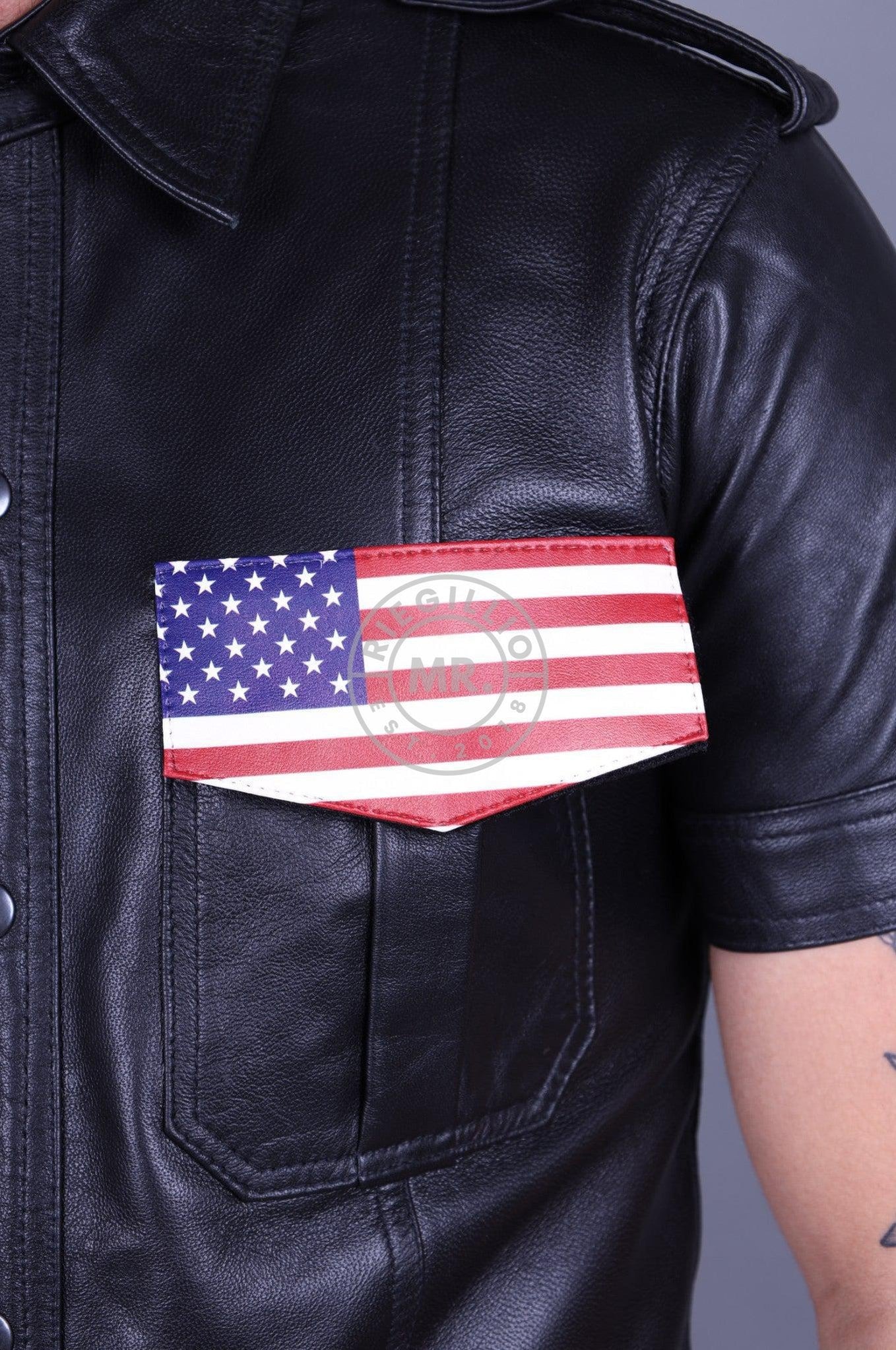 Black Leather Shirt - Velcro Patch at MR. Riegillio