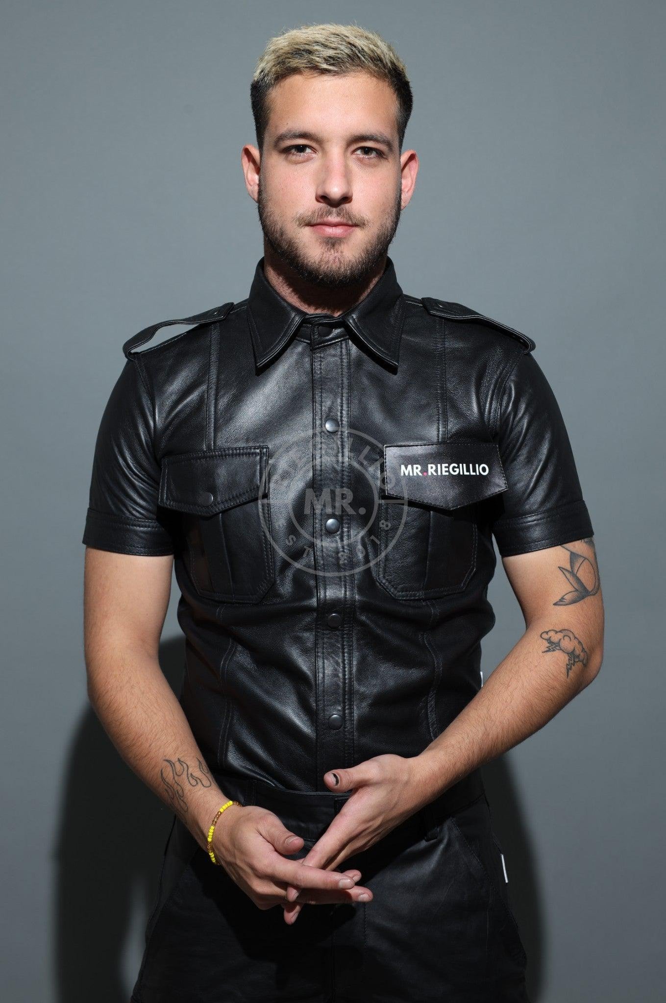 Black Leather Shirt - Velcro Patch-at MR. Riegillio