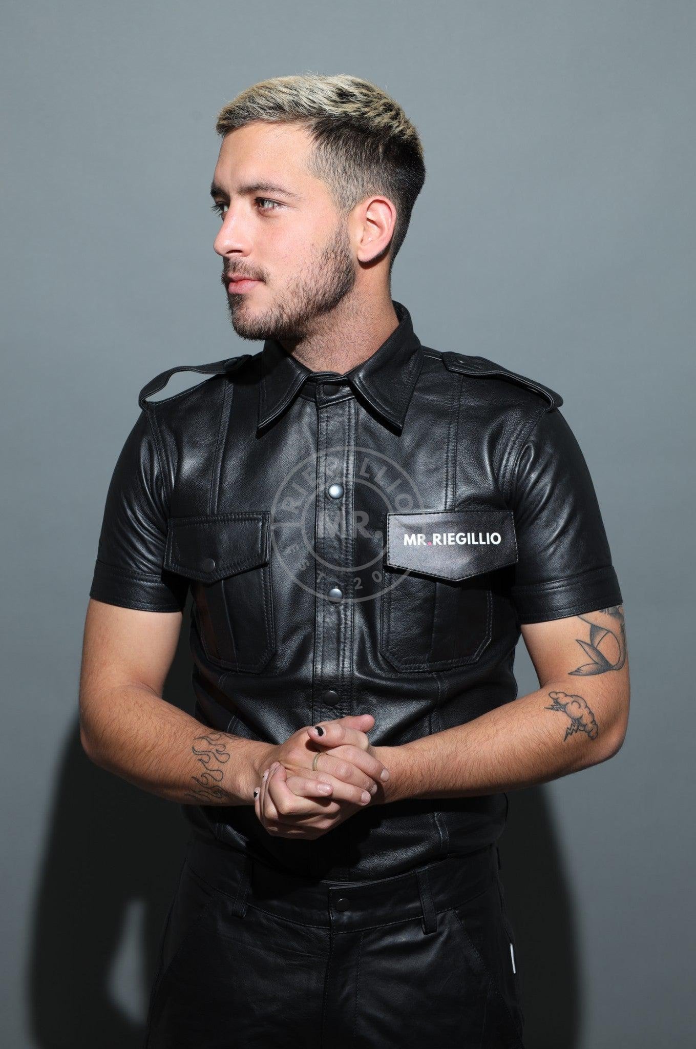 Black Leather Shirt - Velcro Patch-at MR. Riegillio