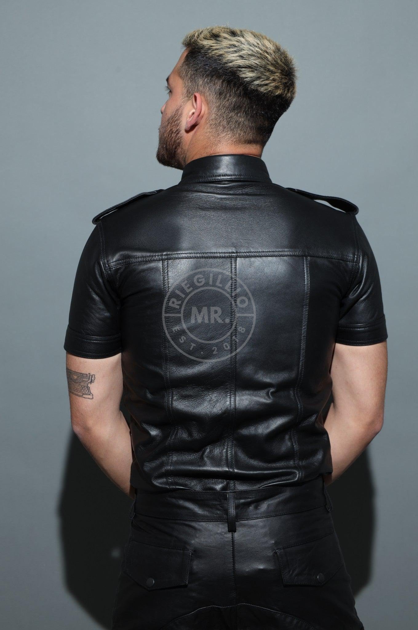 Black Leather Shirt - Velcro Patch at MR. Riegillio