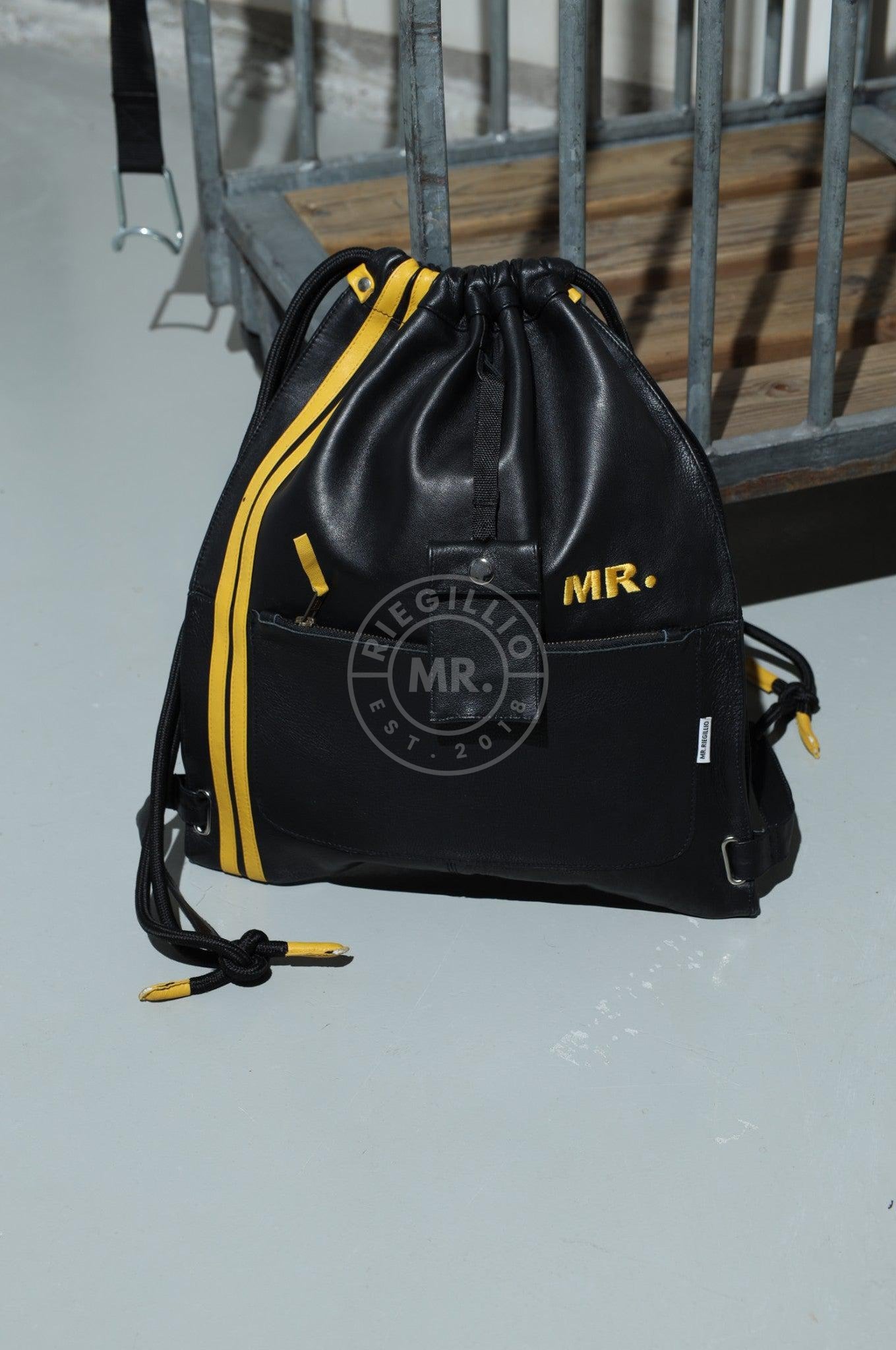 Leather Backpack Black - Yellow Stripes-at MR. Riegillio