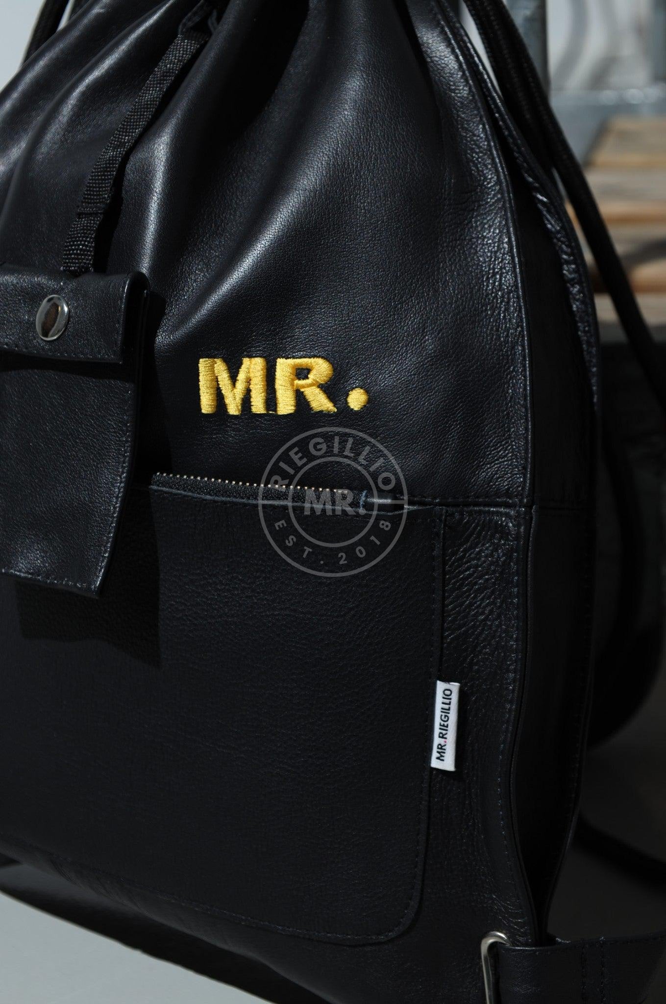 Leather Backpack Black - Yellow Stripes at MR. Riegillio