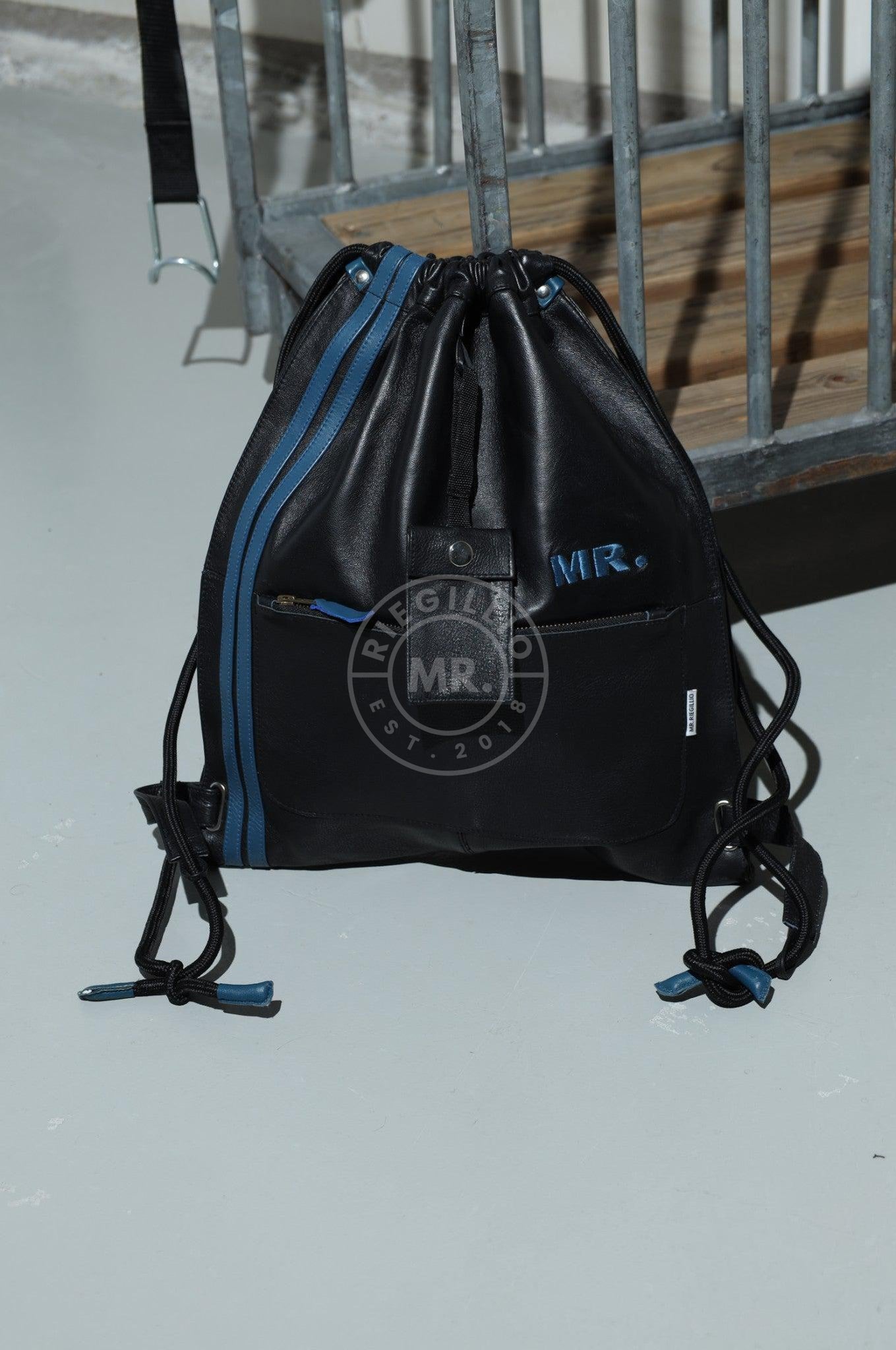 Leather Backpack Black - Blue Stripes-at MR. Riegillio