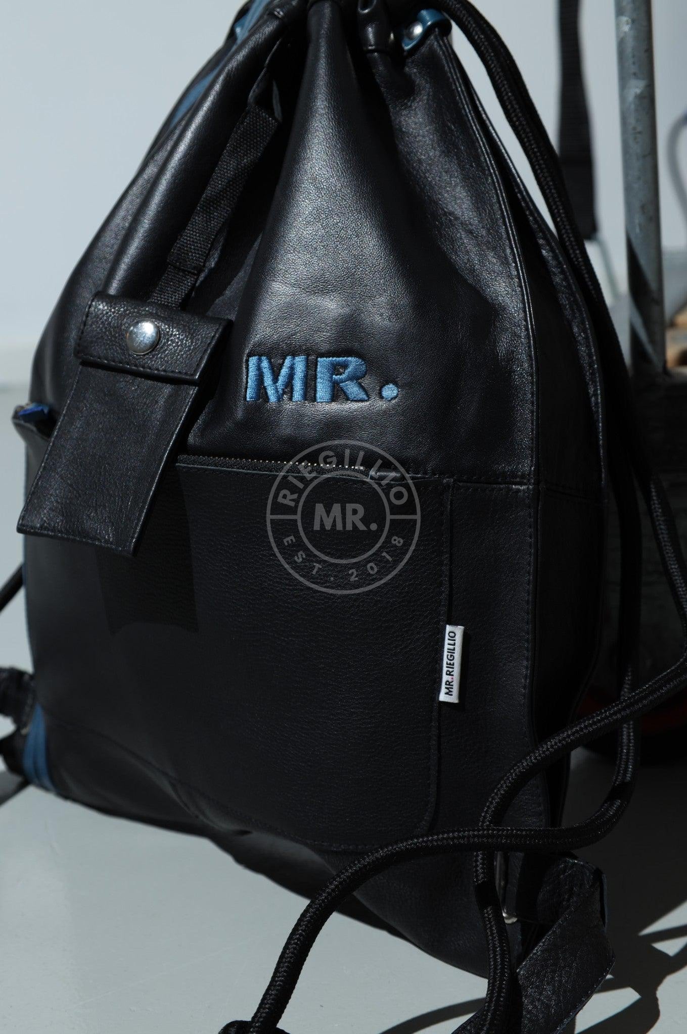 Leather Backpack Black - Blue Stripes at MR. Riegillio