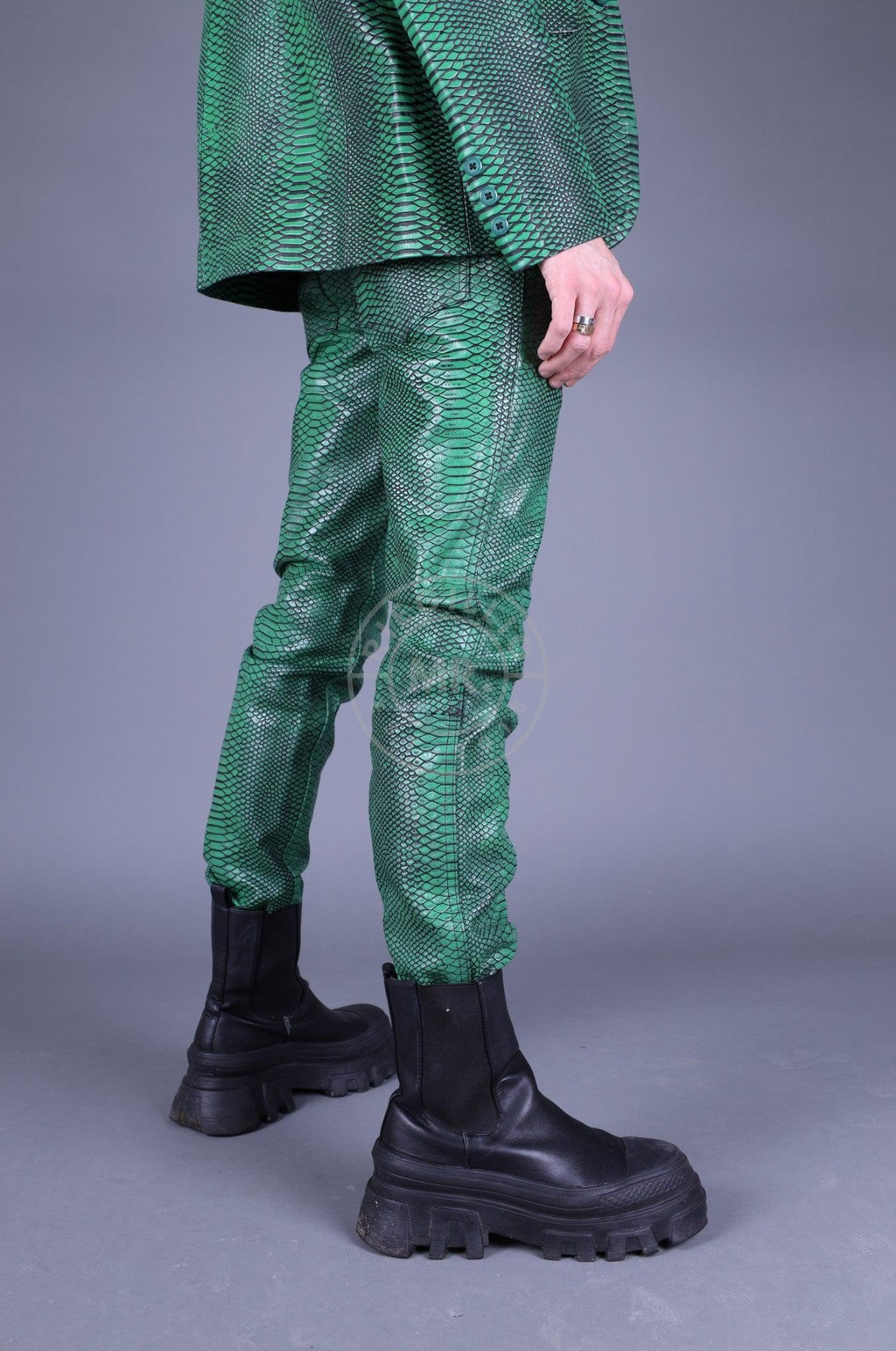 Green Leather Snake Pants at MR. Riegillio