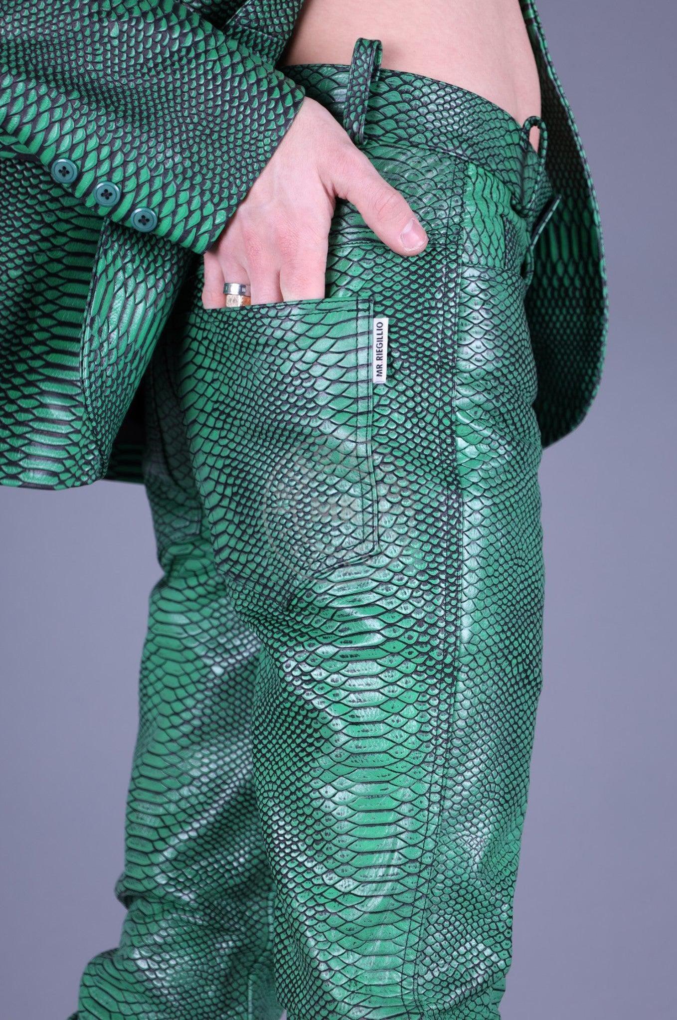 Green Leather Snake Pants at MR. Riegillio
