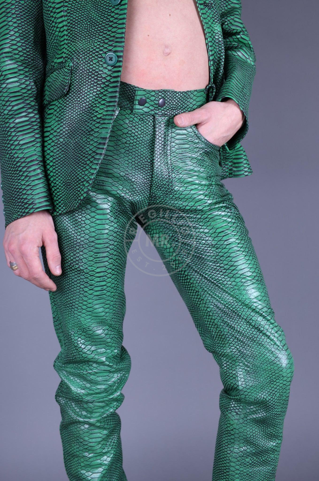 Green Leather Snake Pants at MR. Riegillio