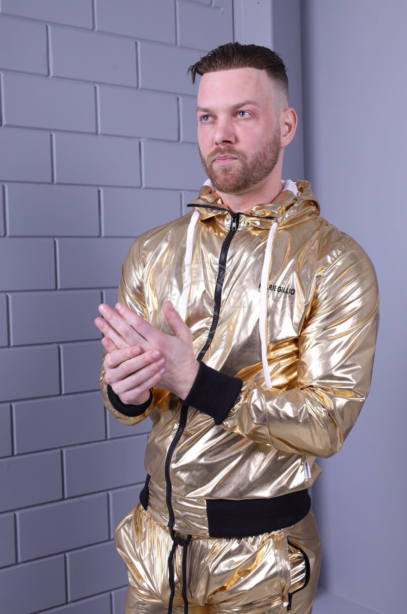 Shiny Nylon Tracksuit Jacket - Gold-at MR. Riegillio