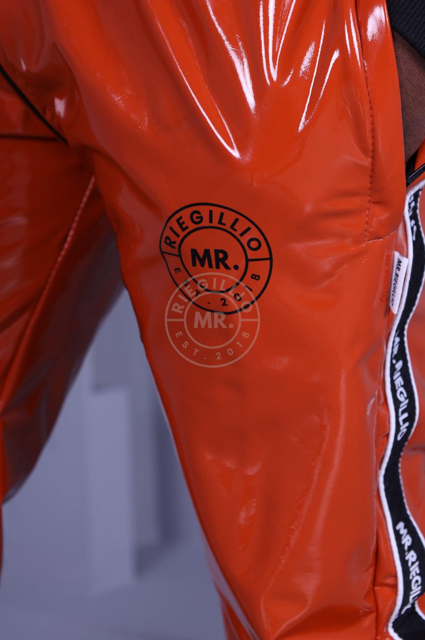 Orange PVC Tracksuit Pants - Logo Trim at MR. Riegillio