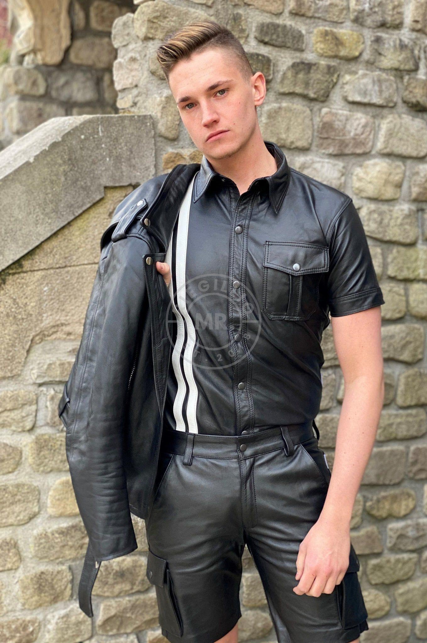 Black Leather Shirt - White Stripes at MR. Riegillio