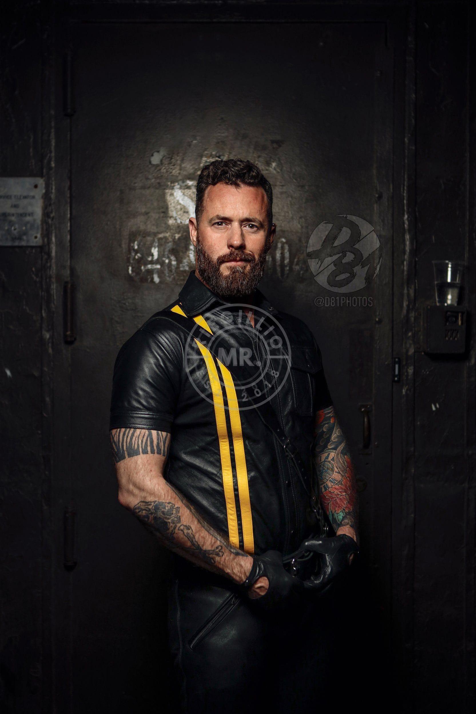 Black Leather Shirt - Yellow Stripes at MR. Riegillio