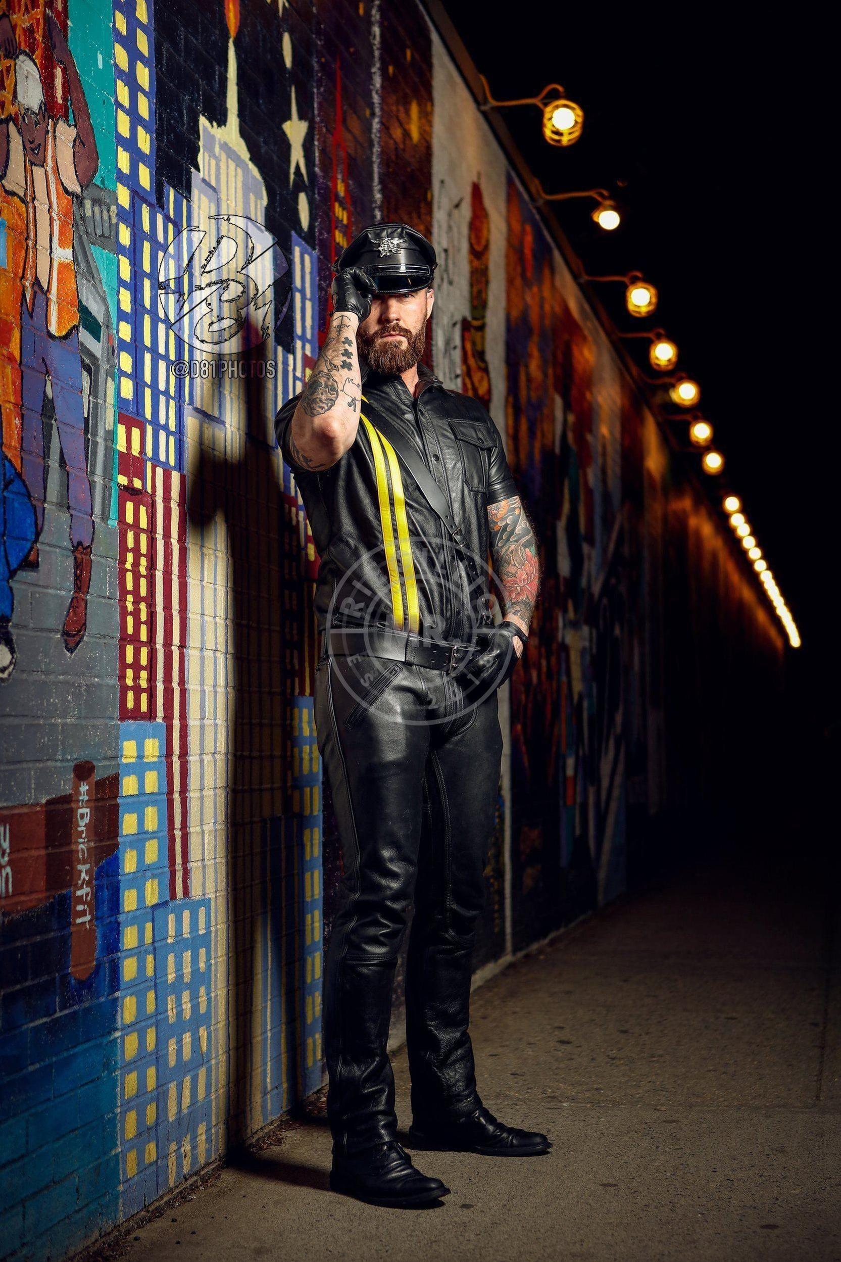 Black Leather Shirt - Yellow Stripes at MR. Riegillio