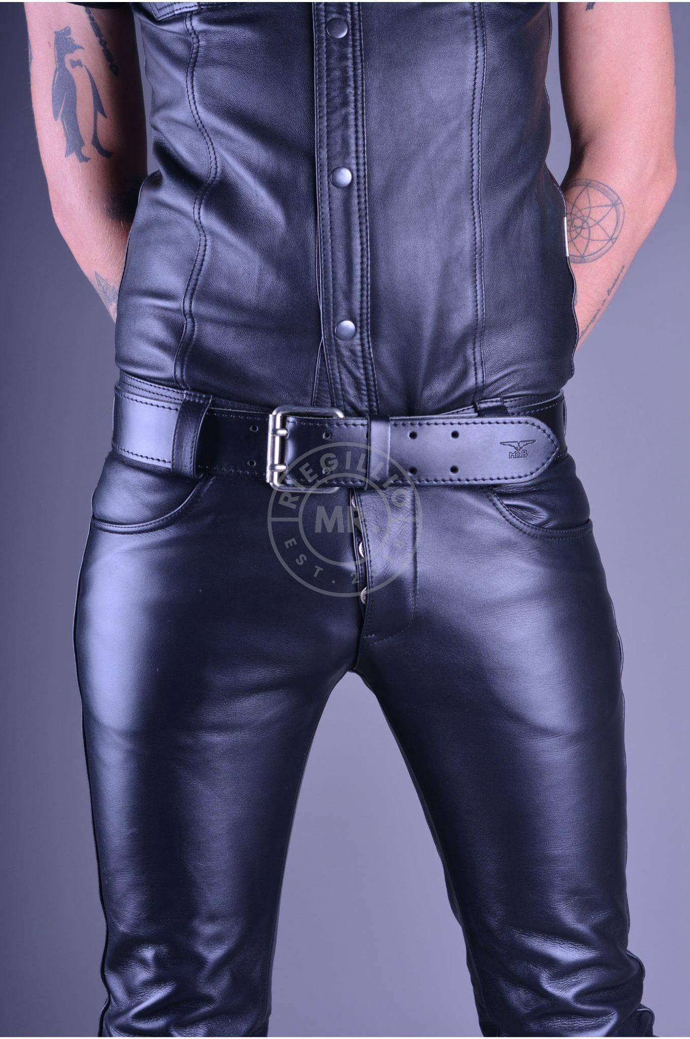 Mister B Leather Belt Stitched 5 cm - Black-at MR. Riegillio