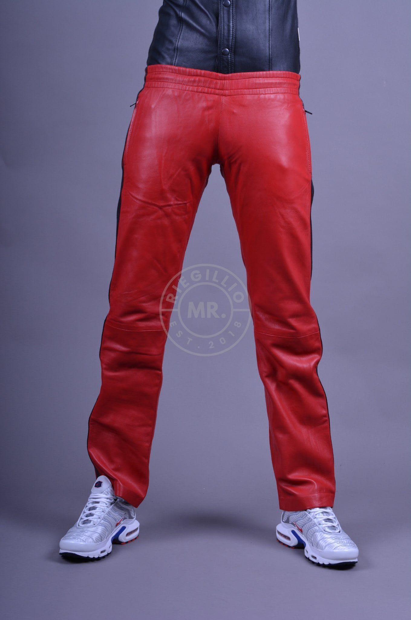 Red Leather Pants - BLACK STRIPES at MR. Riegillio