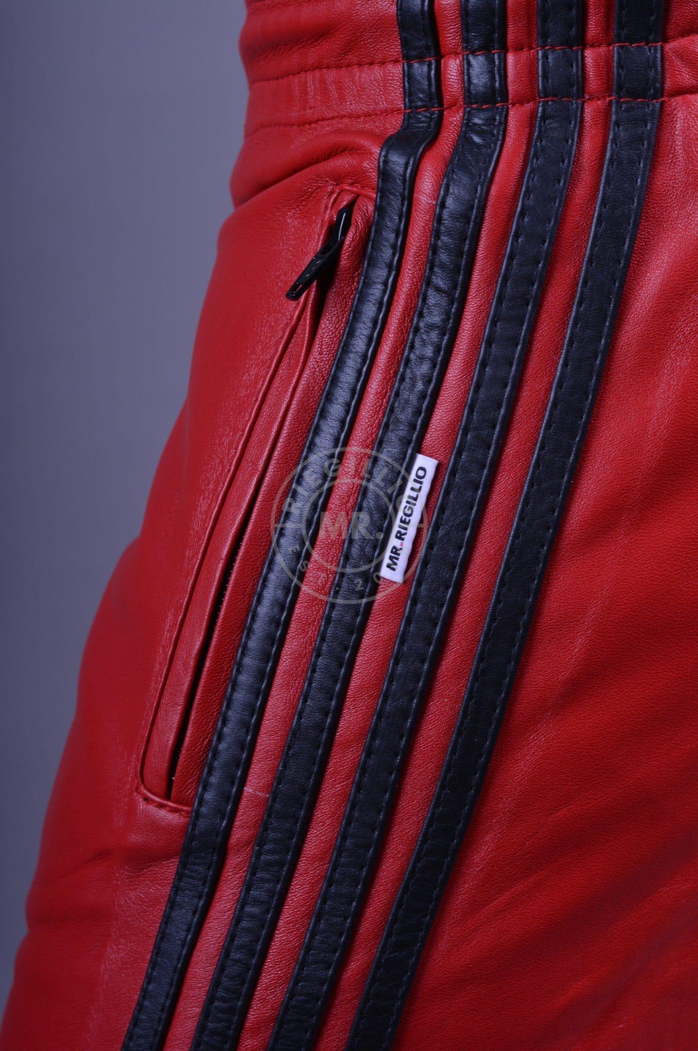 Red Leather Pants - BLACK STRIPES at MR. Riegillio