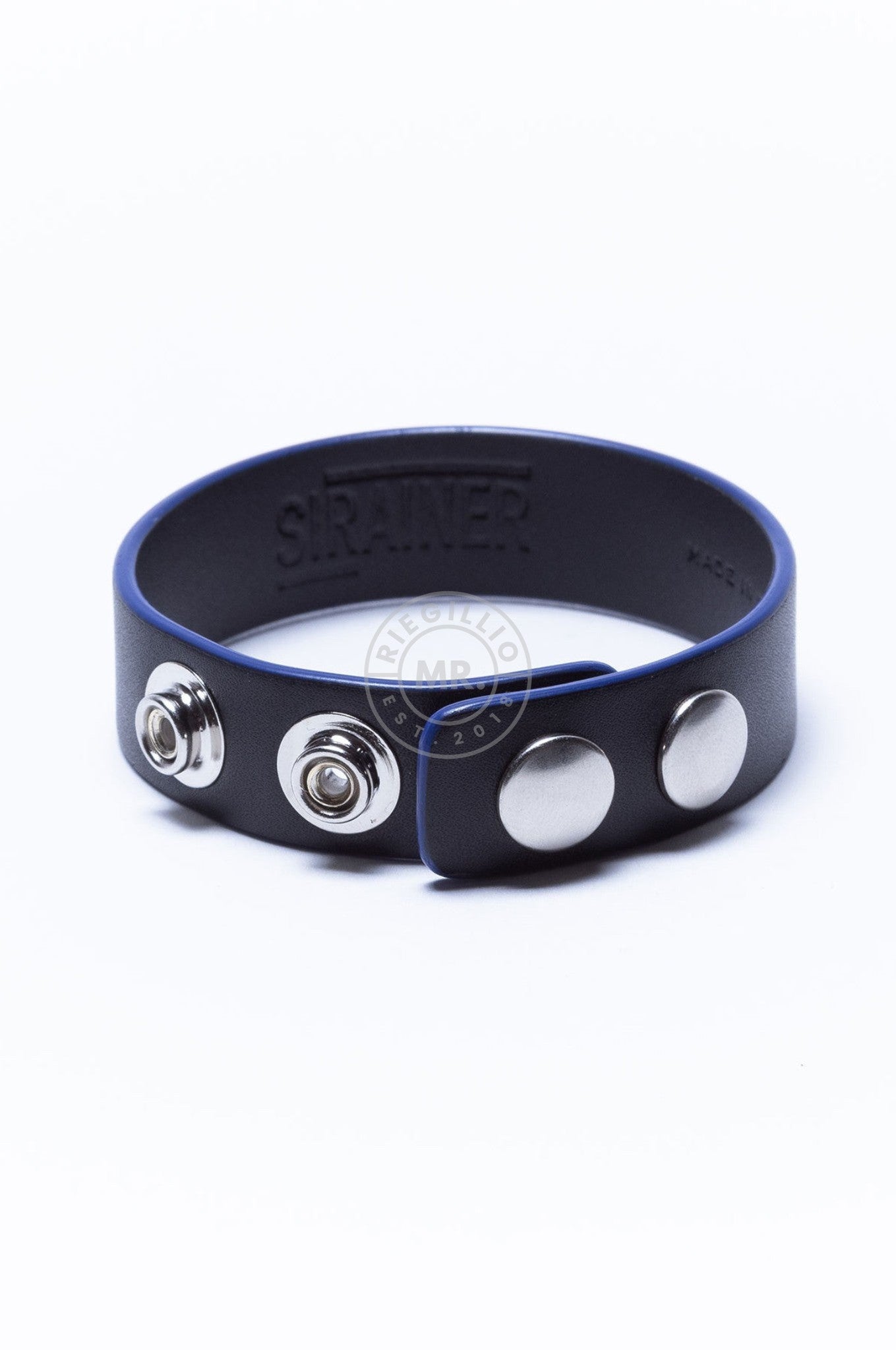 SIRAINER Black Leather Cockring - Blue at MR. Riegillio