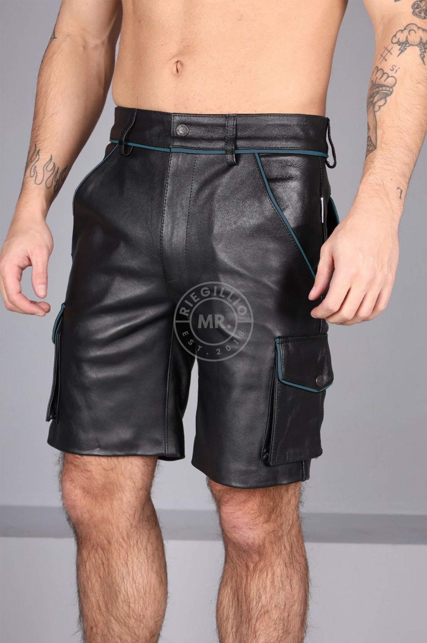 Black Leather Cargo Short - Jeans Blue Piping at MR. Riegillio