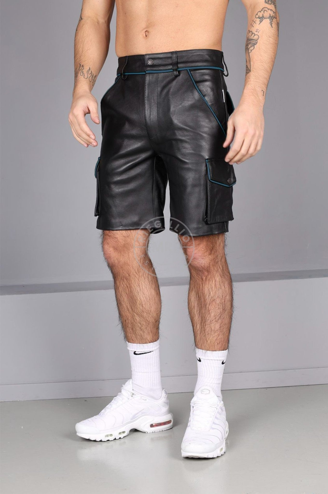 Black Leather Cargo Short - Jeans Blue Piping at MR. Riegillio