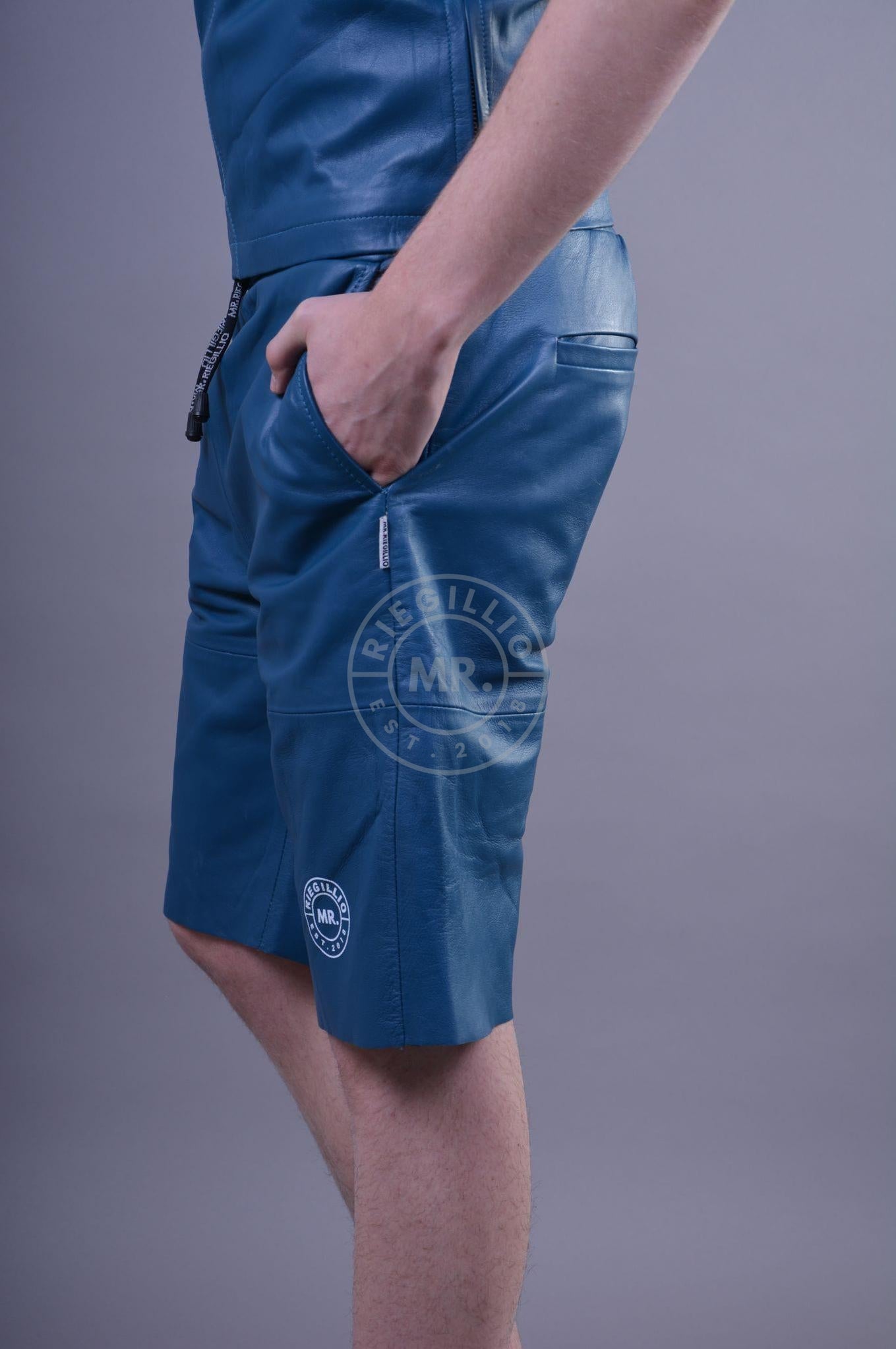 Jeans Blue Leather Long Short at MR. Riegillio