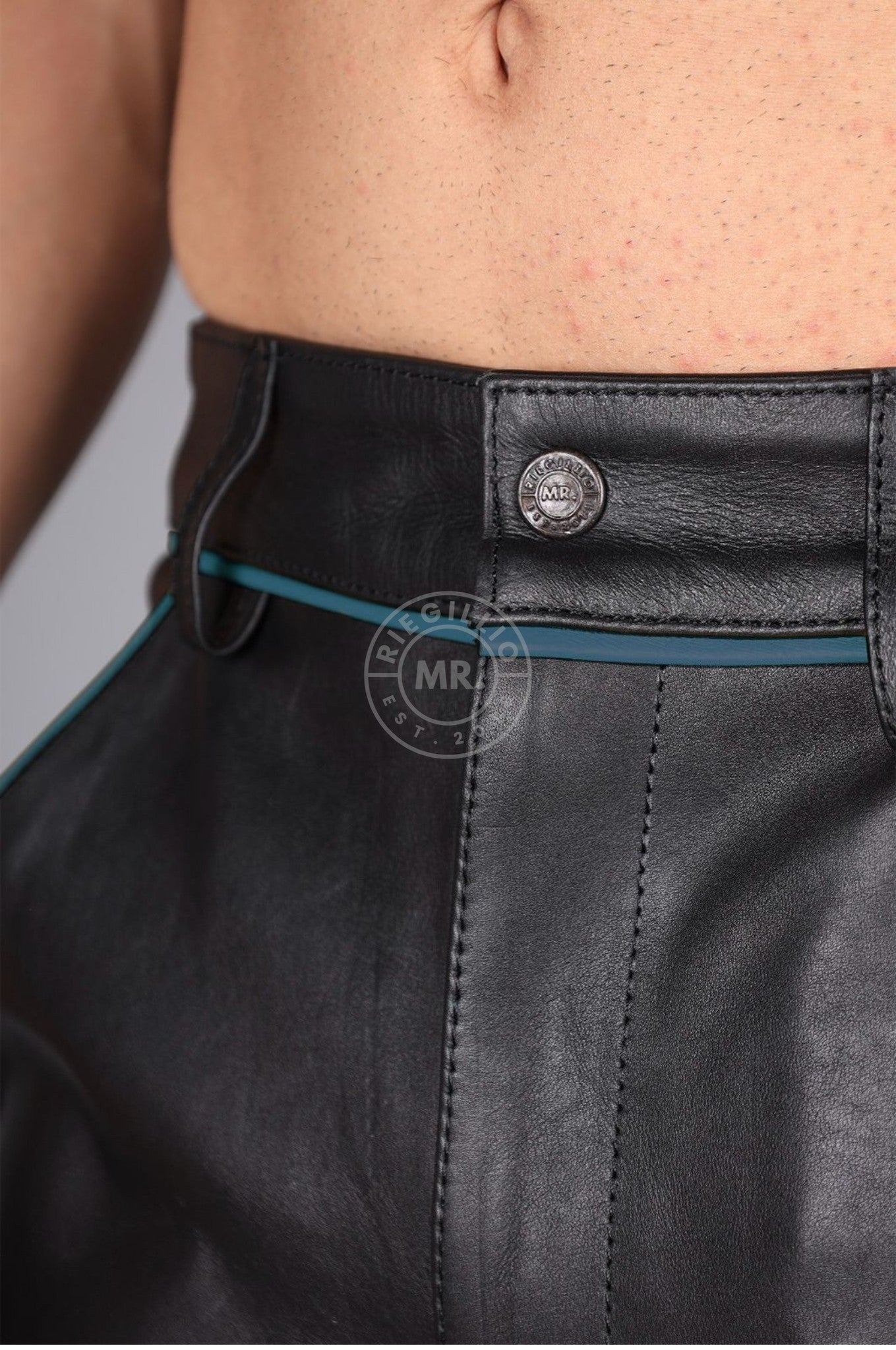 Black Leather Cargo Short - Jeans Blue Piping at MR. Riegillio