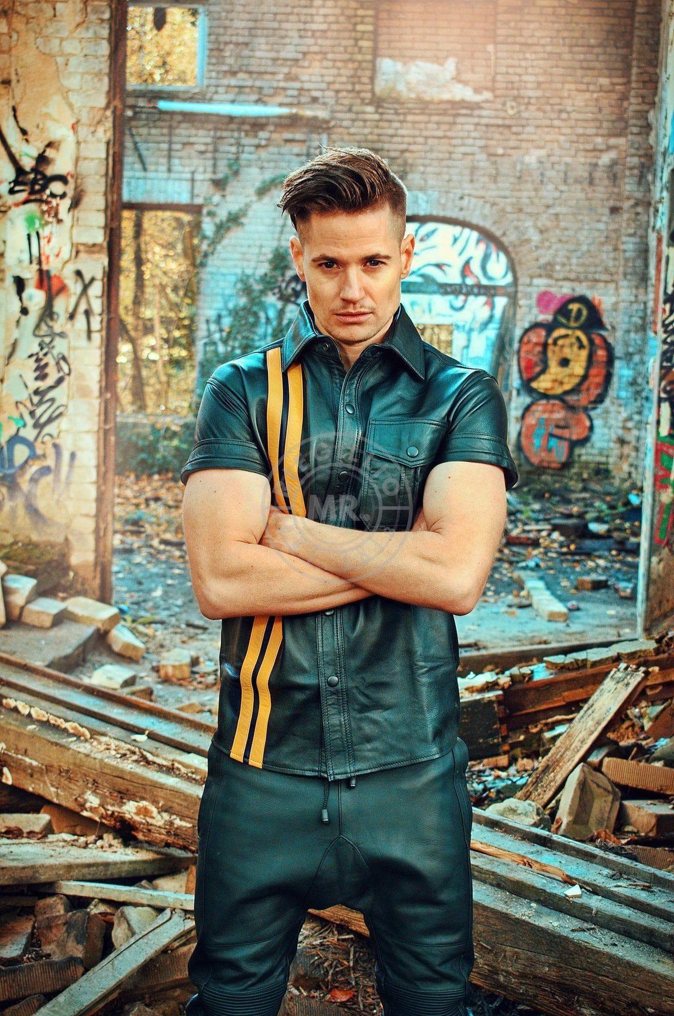 Black Leather Shirt - Yellow Stripes at MR. Riegillio