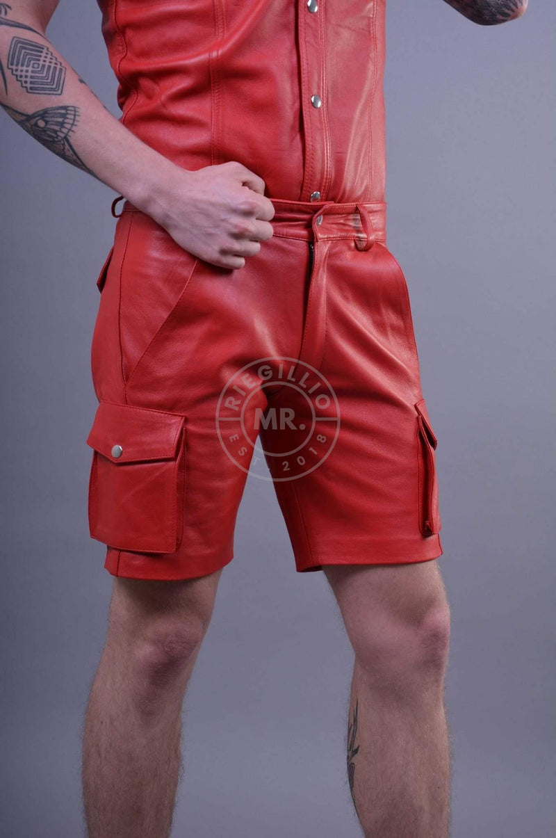 Red Leather Cargo Short at MR. Riegillio