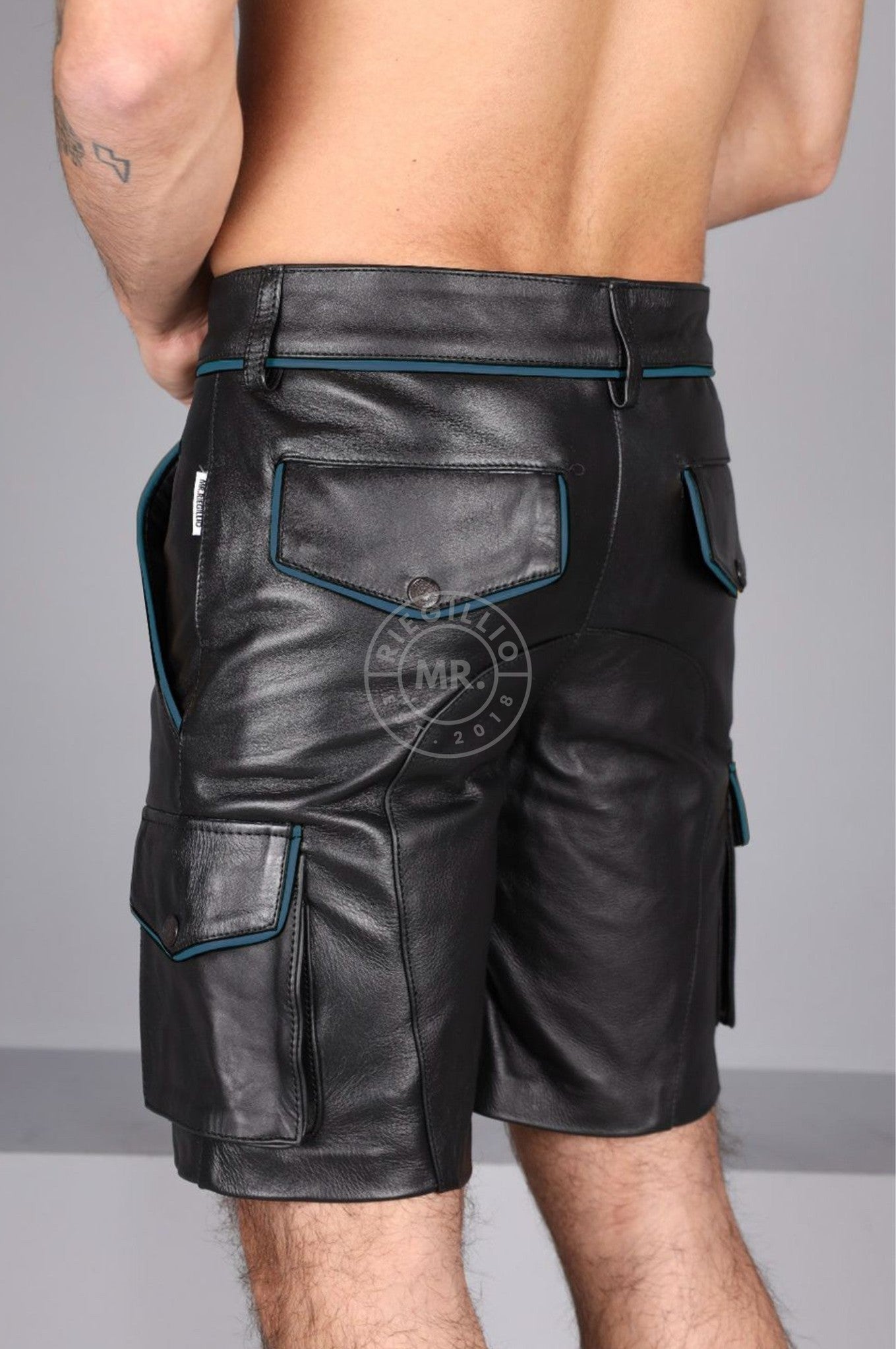 Black Leather Cargo Short - Jeans Blue Piping at MR. Riegillio