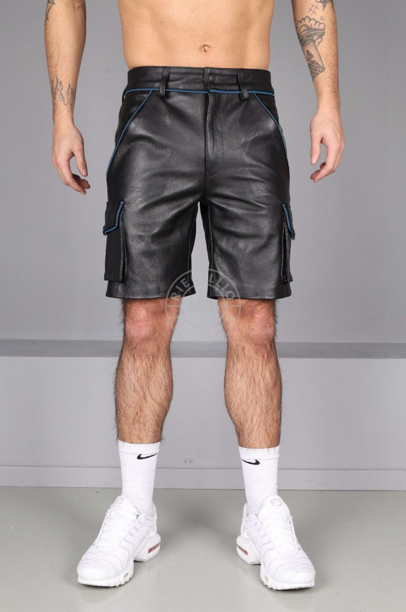 Black Leather Cargo Short - Jeans Blue Piping at MR. Riegillio