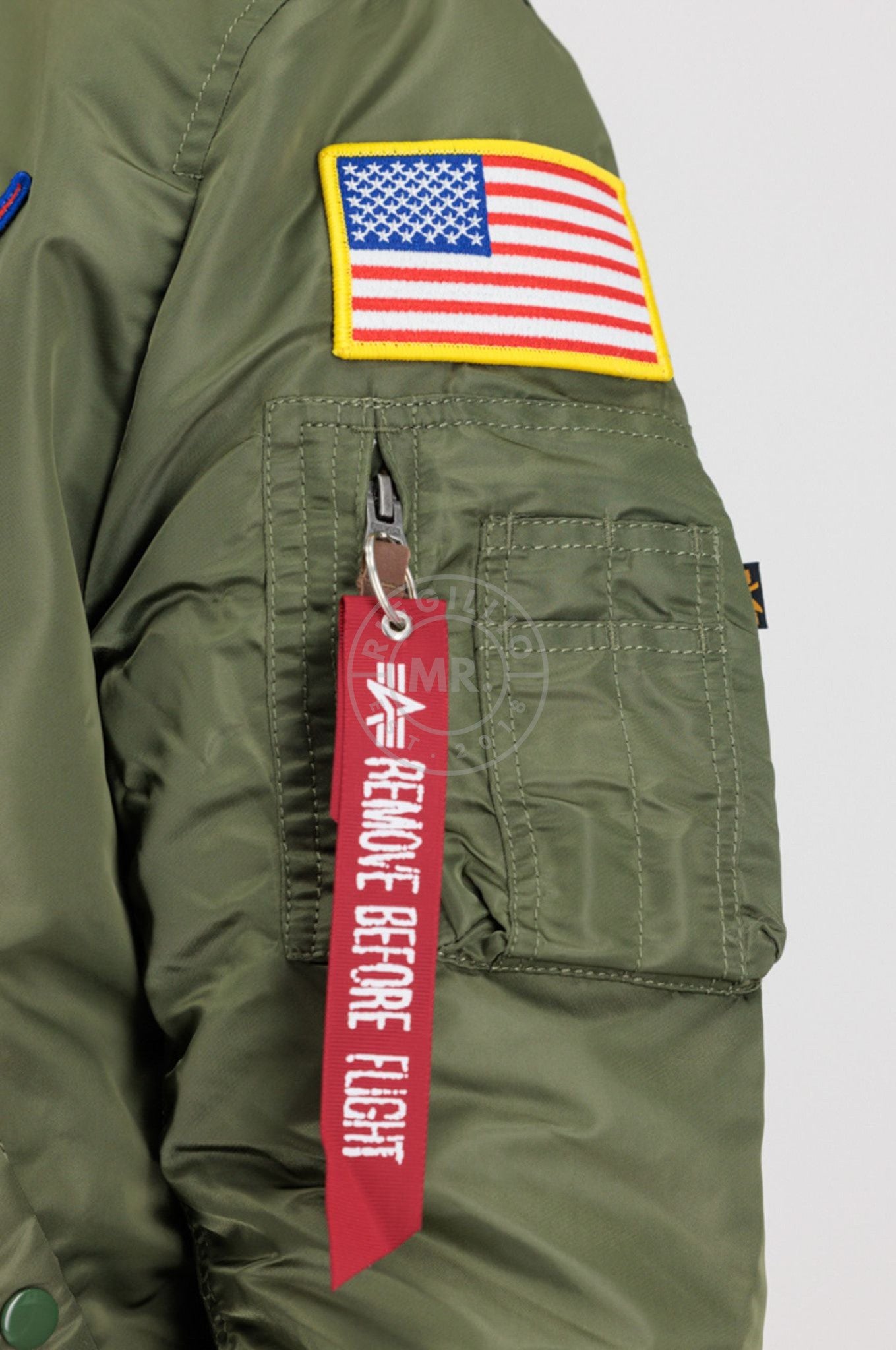 Bomber jacket with outlet remove before flight tag