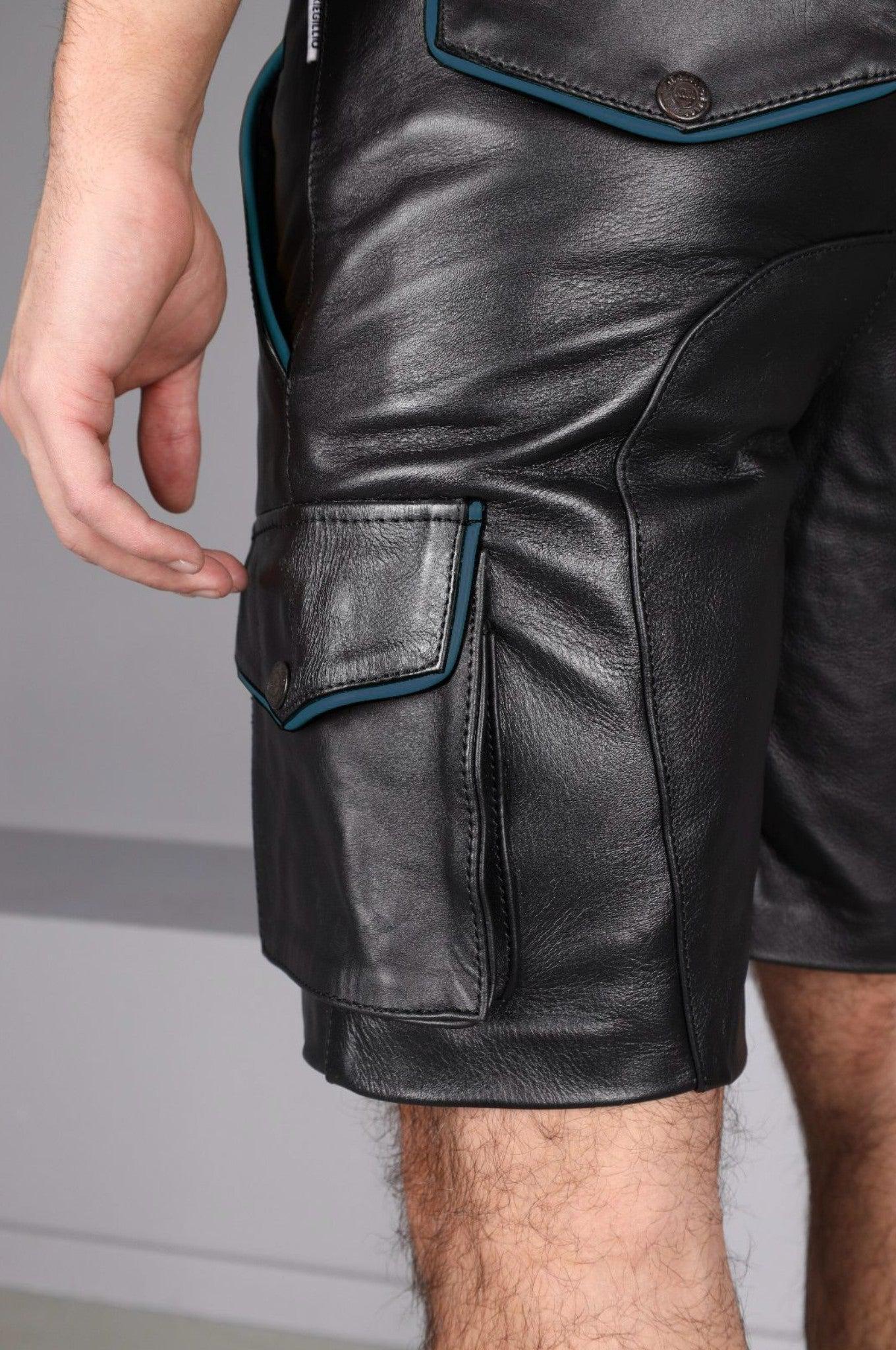 Black Leather Cargo Short - Jeans Blue Piping at MR. Riegillio