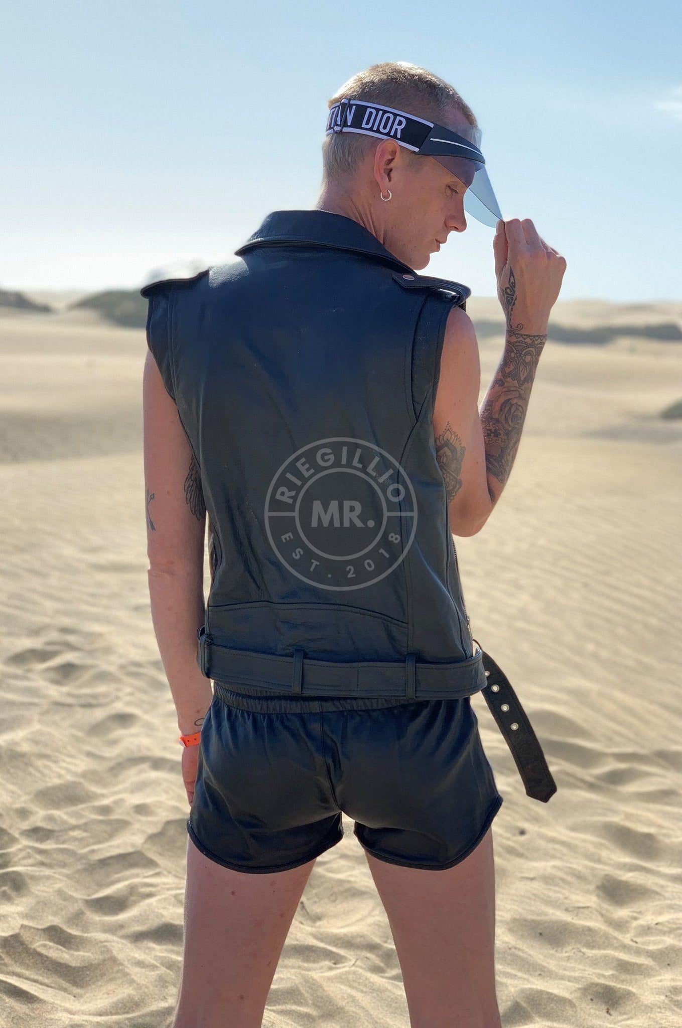 Black Leather Trucker Sleeveless Cropped Jacket by MR. Riegillio