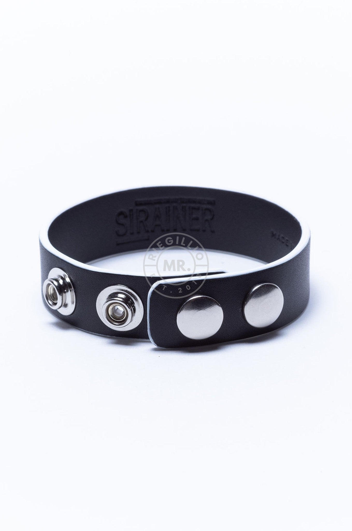 SIRAINER Black Leather Cockring - White at MR. Riegillio