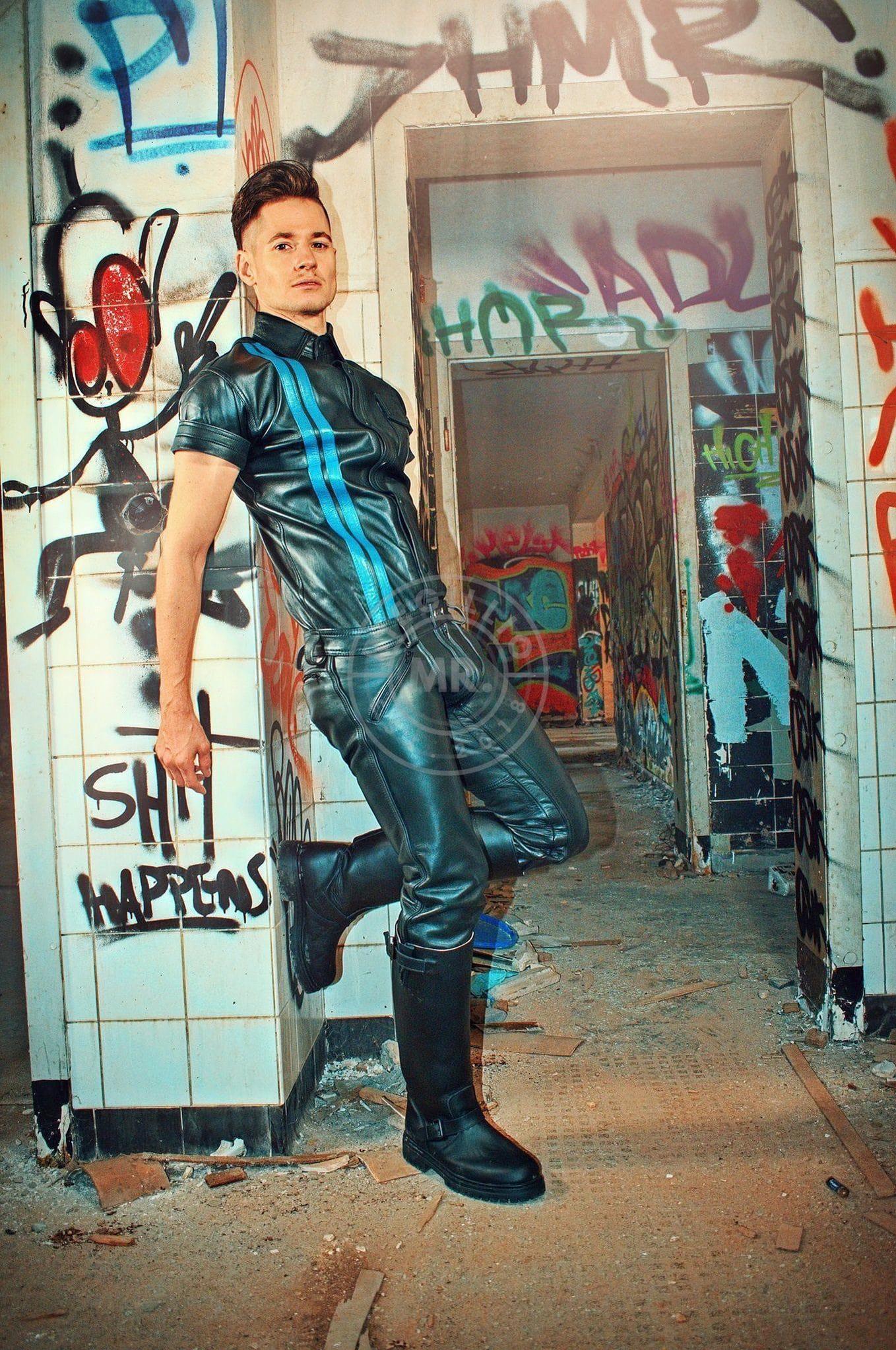 Black Leather Shirt - Blue Stripes at MR. Riegillio