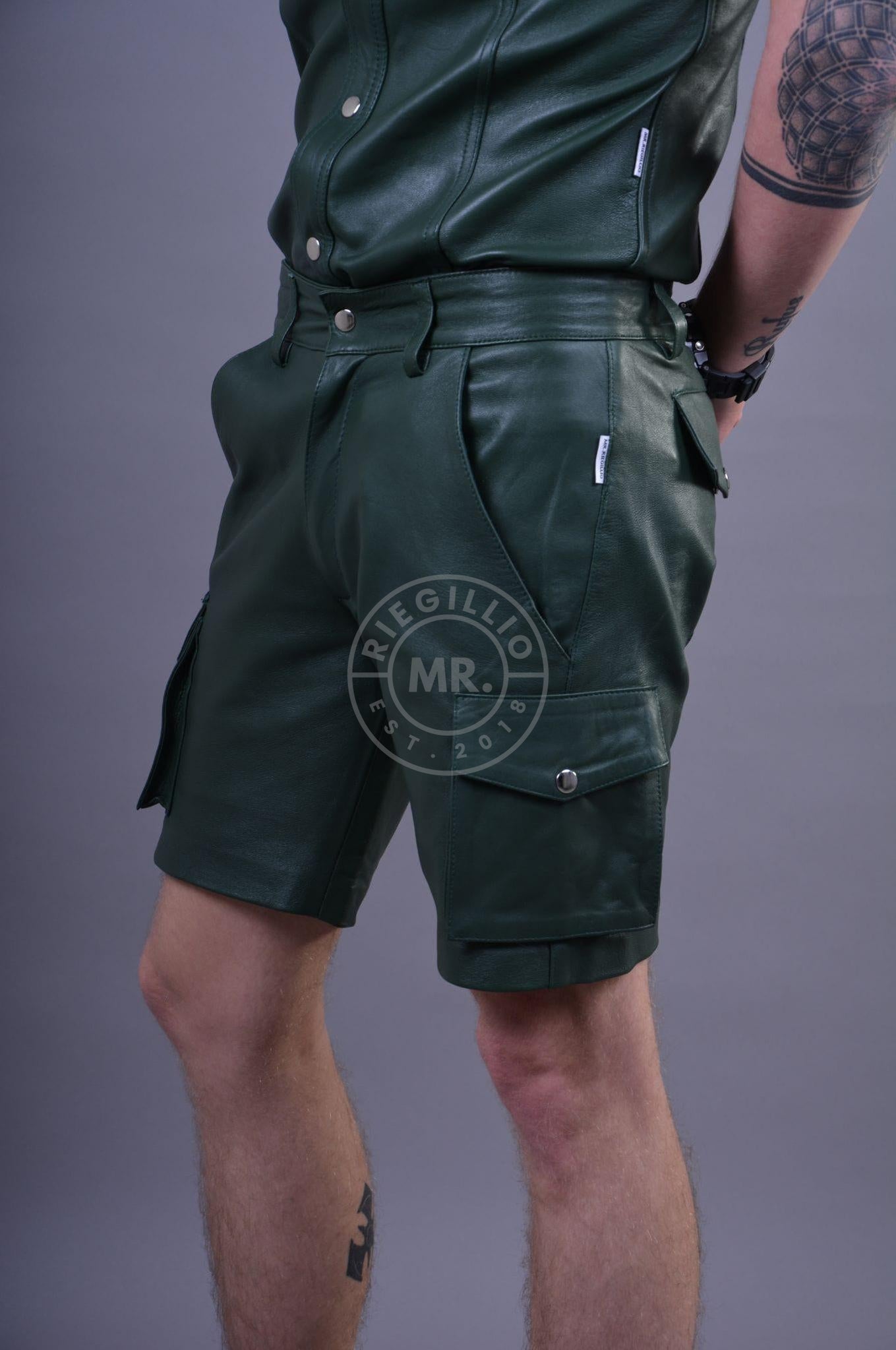 Dark Green Leather Cargo Short at MR. Riegillio